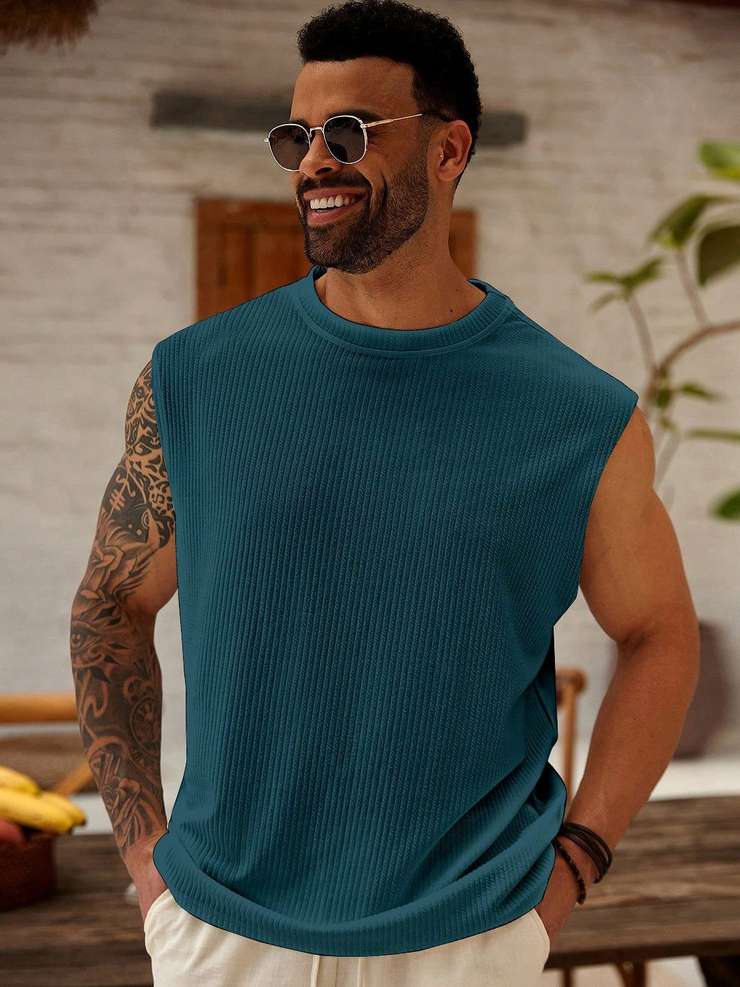 KAJARU Men Striped Round Neck Sleeveless T-shirt
