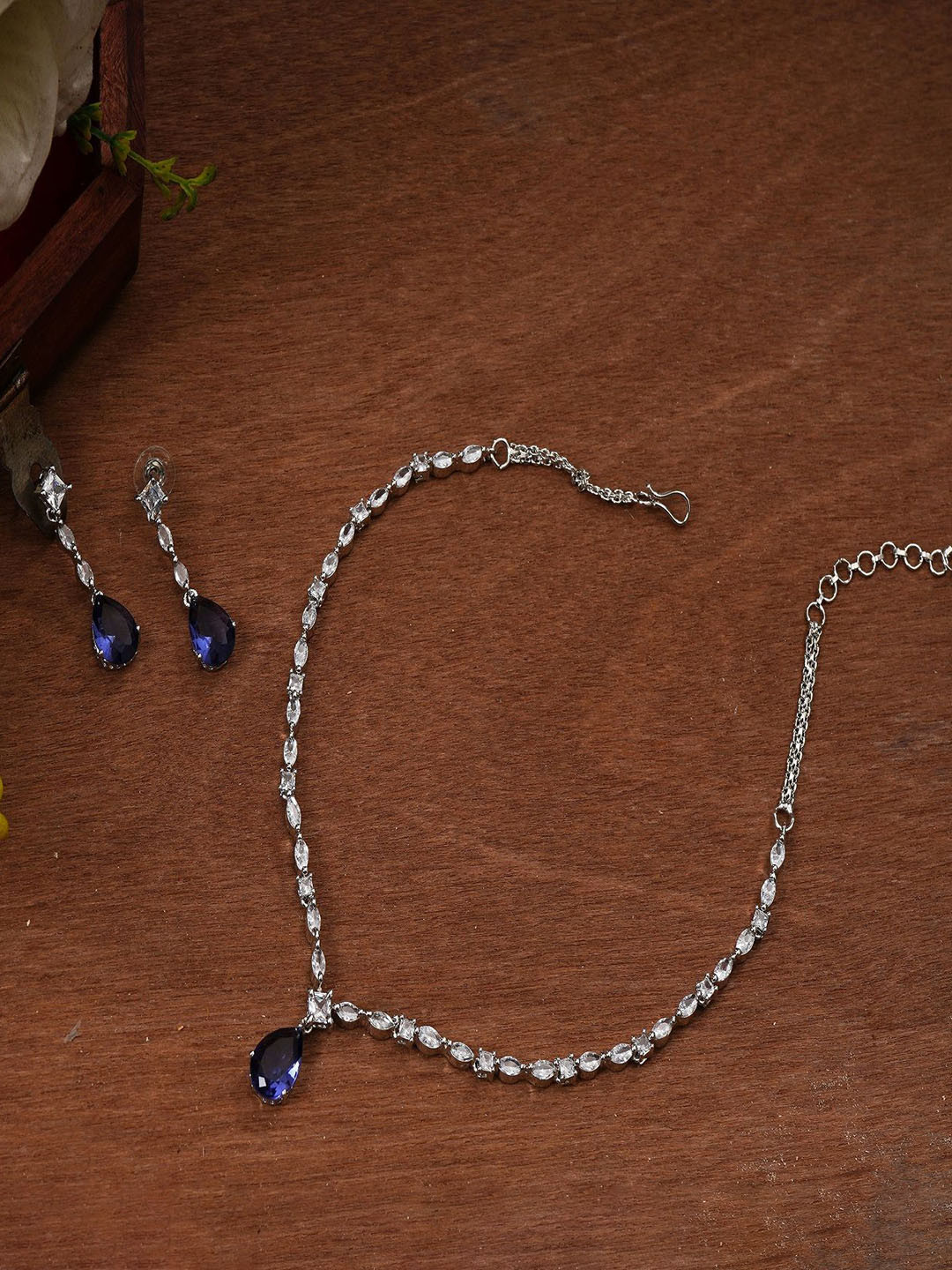 Gemron Jewel Rhodium-Plated American Diamond Studded Necklace & Earrings Jewellery Set
