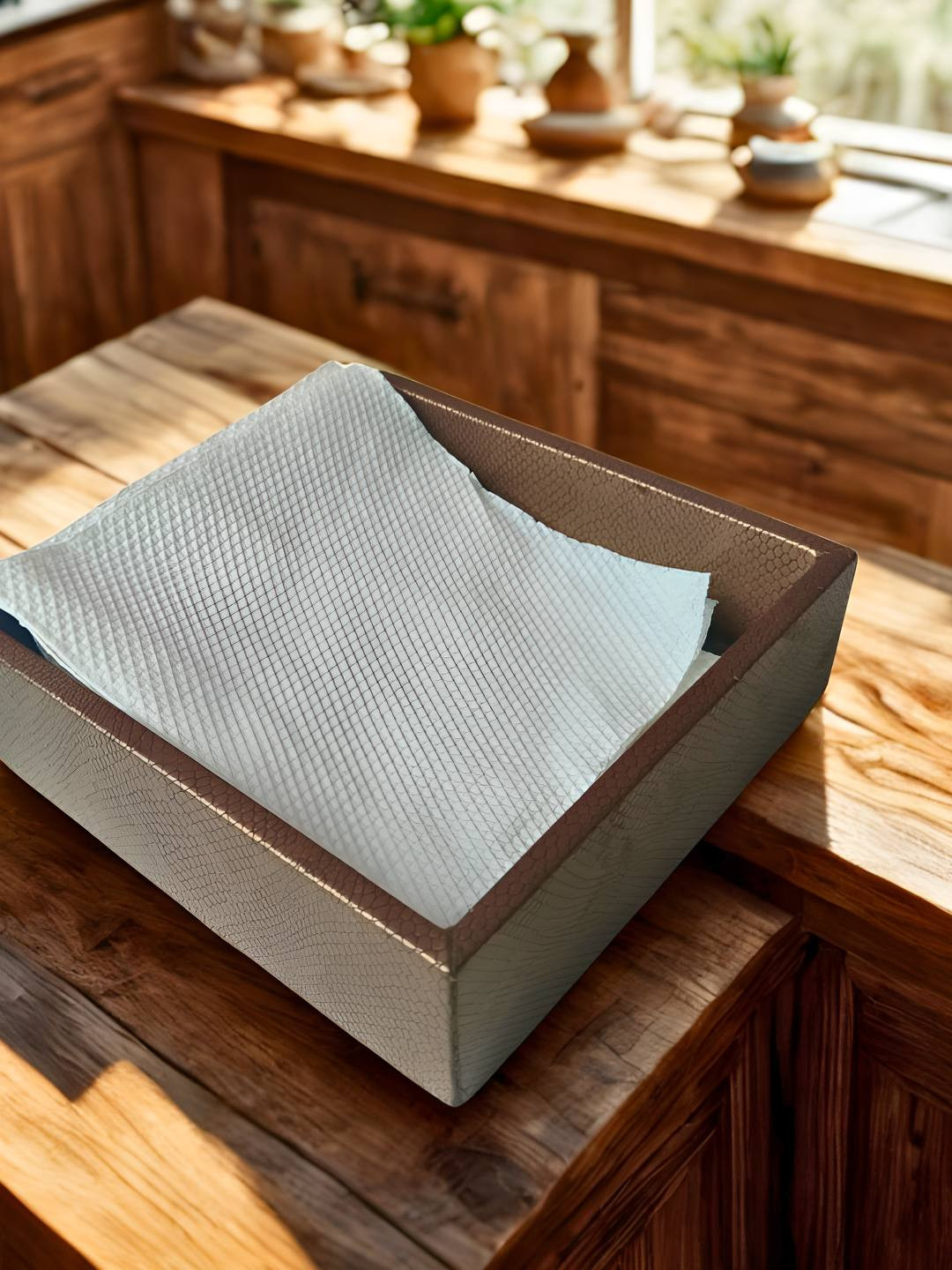 THE HOME CO. Brown & Green Leather  Mosiac Printed & Enamel Tissue Holder