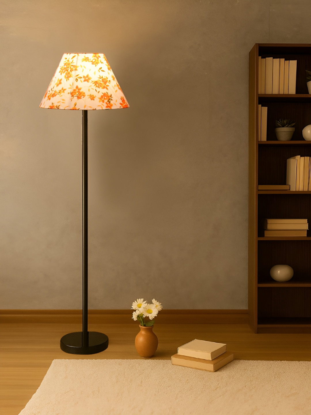 Devansh White & Orange Abstract Printed Frustum Cotton Wooden Floor Lamp