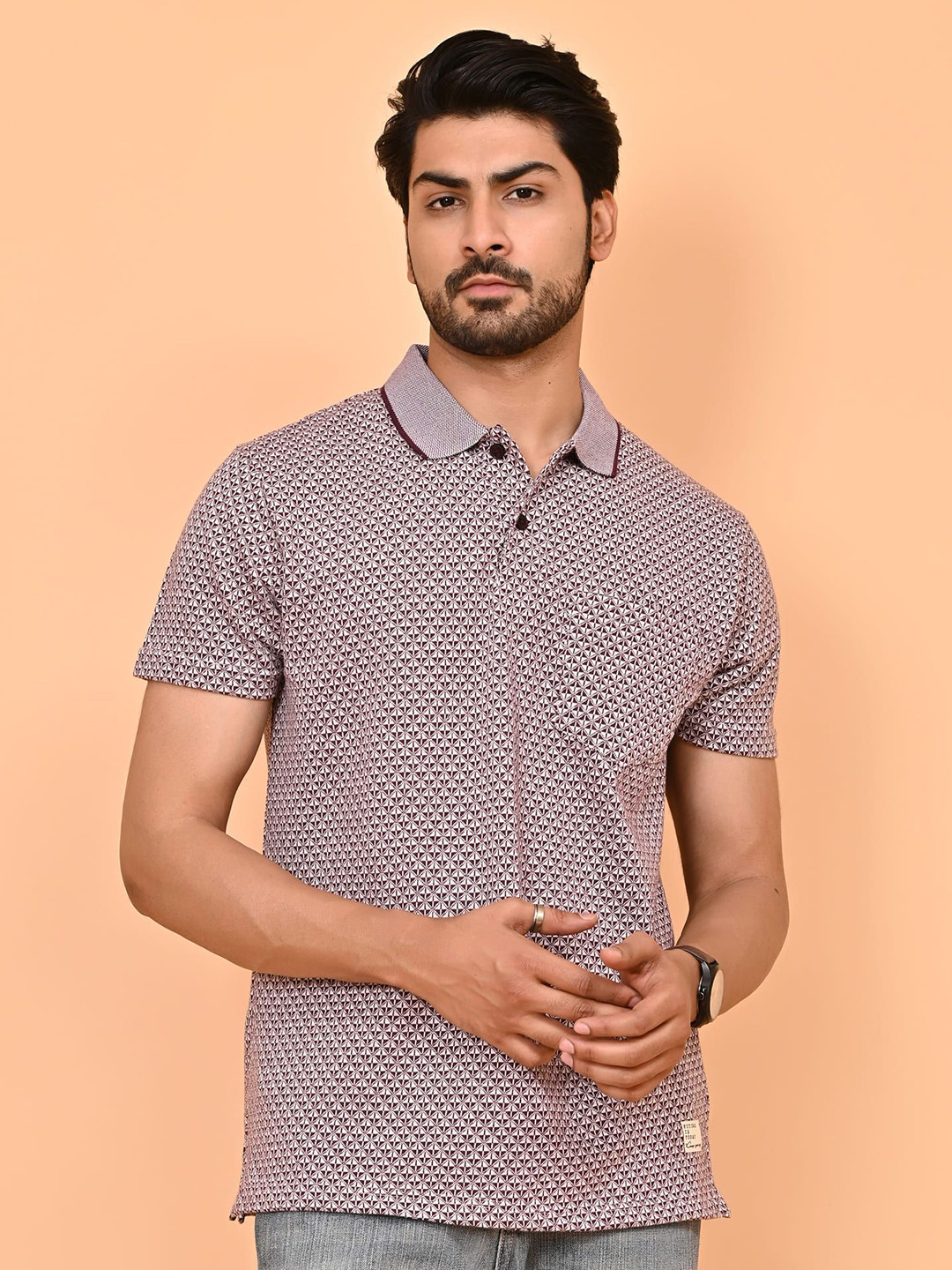 ARBOUR Men Geometric Printed Polo Collar Slim Fit Cotton T-shirt