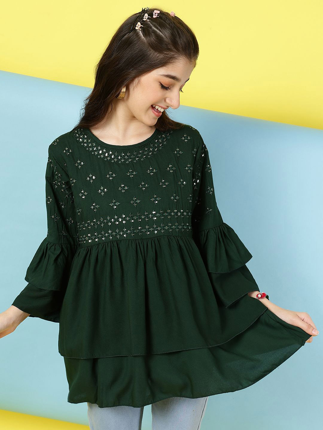 Miss & Chief Girls Embellished Embroidered Bell Sleeve Top