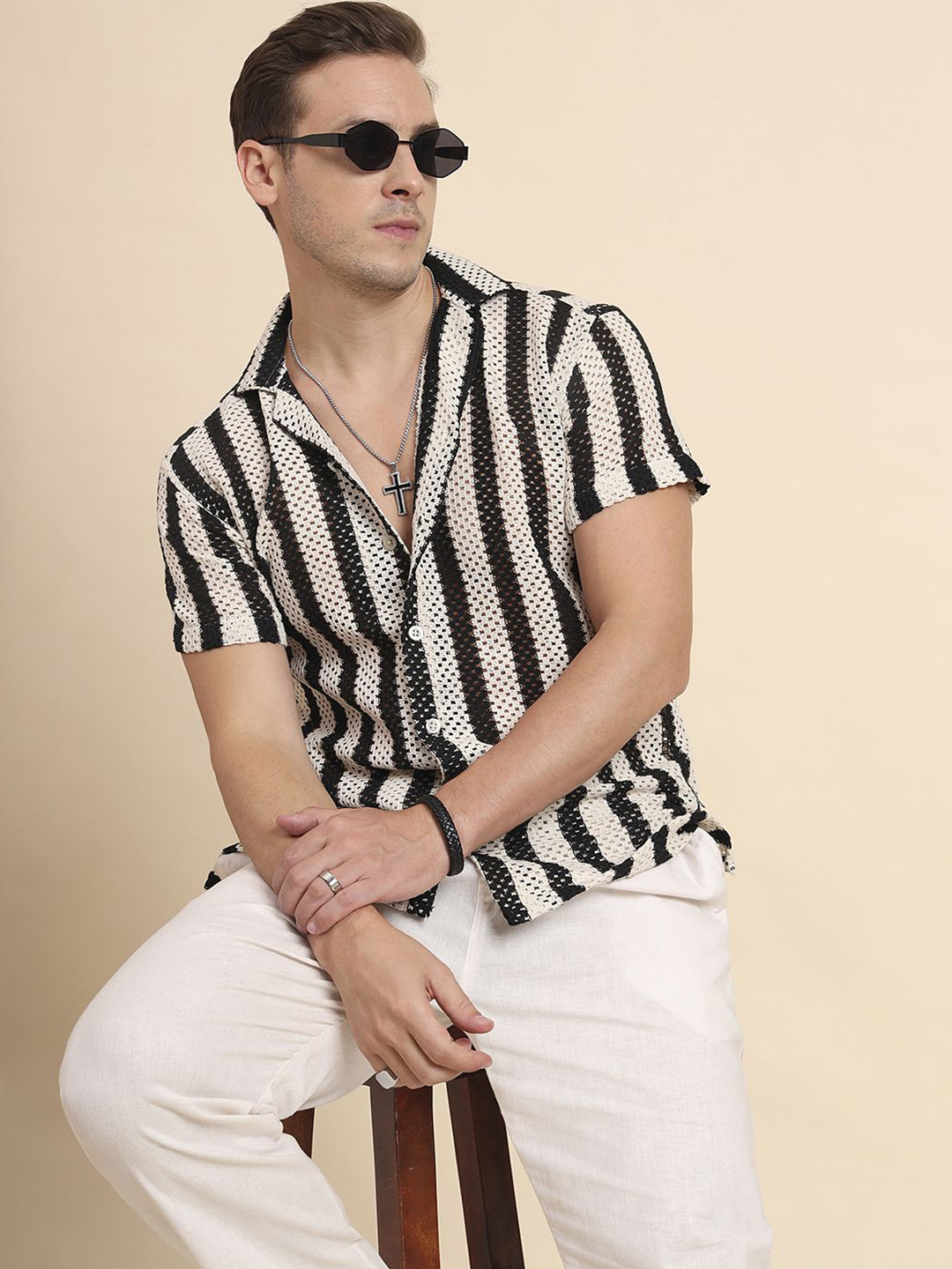 HERE&NOW Men Classic Multi Stripes Crochet Semi Sheer Shirt