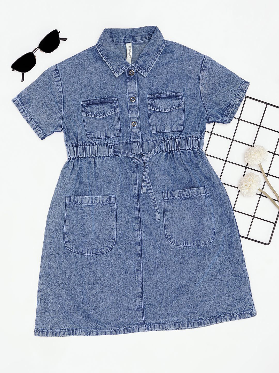 Pantaloons Junior Girls Denim Pure Cotton Shirt Dress With Pocket Detailing