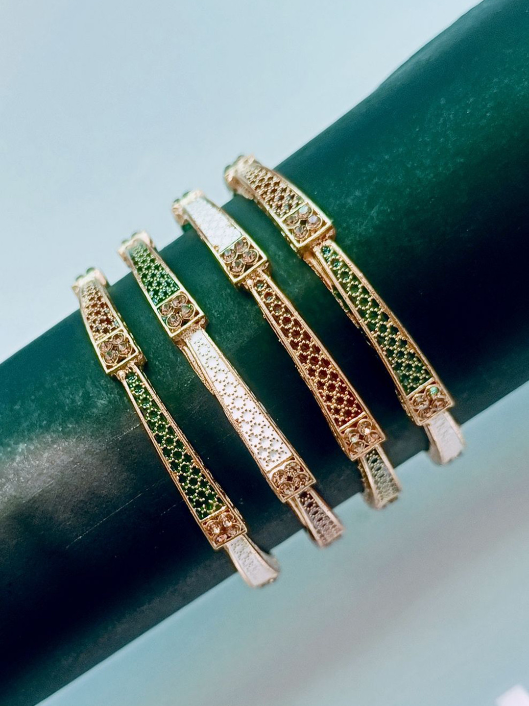 Anouk Set Of 4 Textured Copper-Plated Enamelled & Stone-Studded Bangles