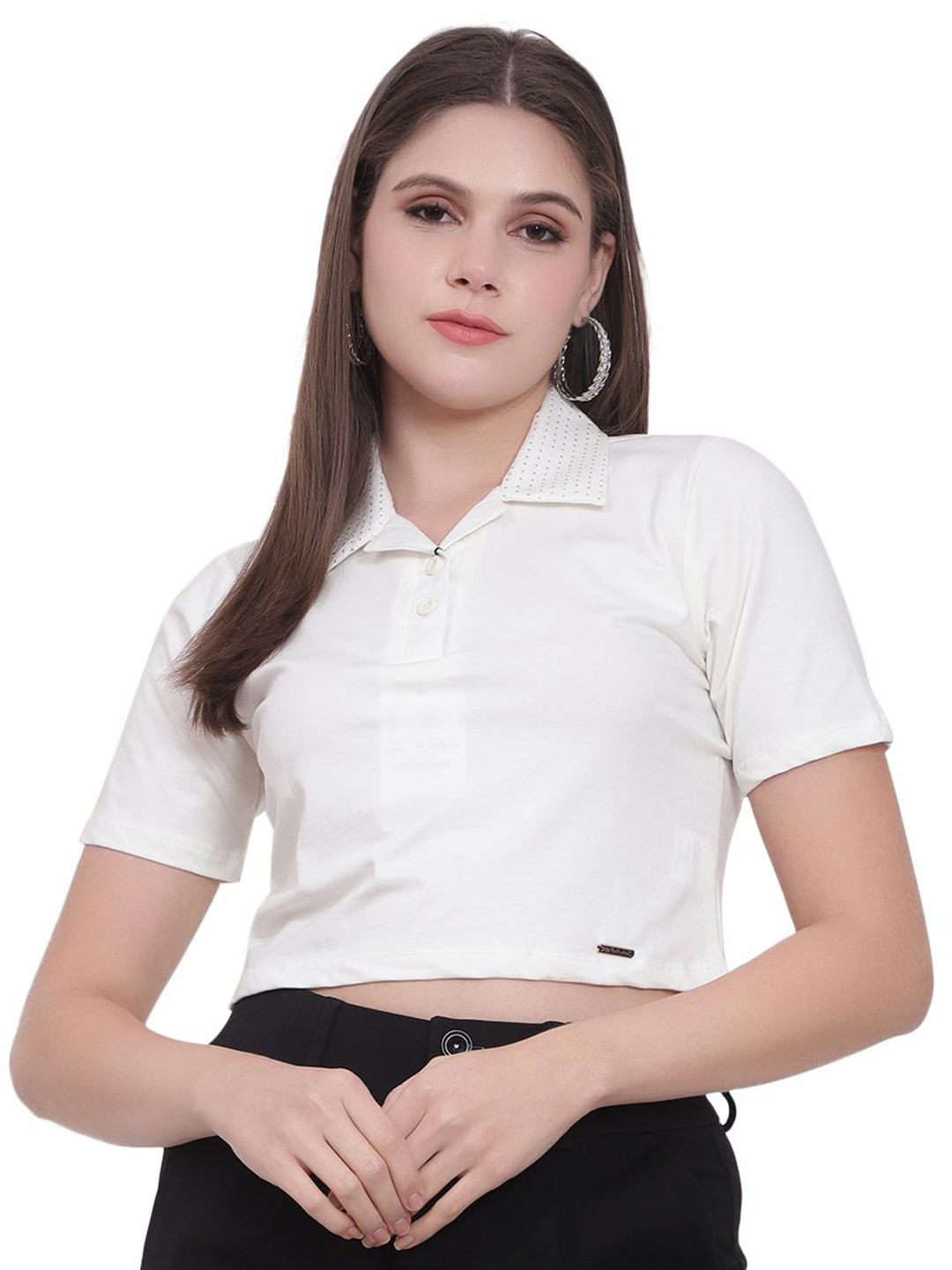 God's Club Women Regular Fit Crop Polo Collar T-shirt