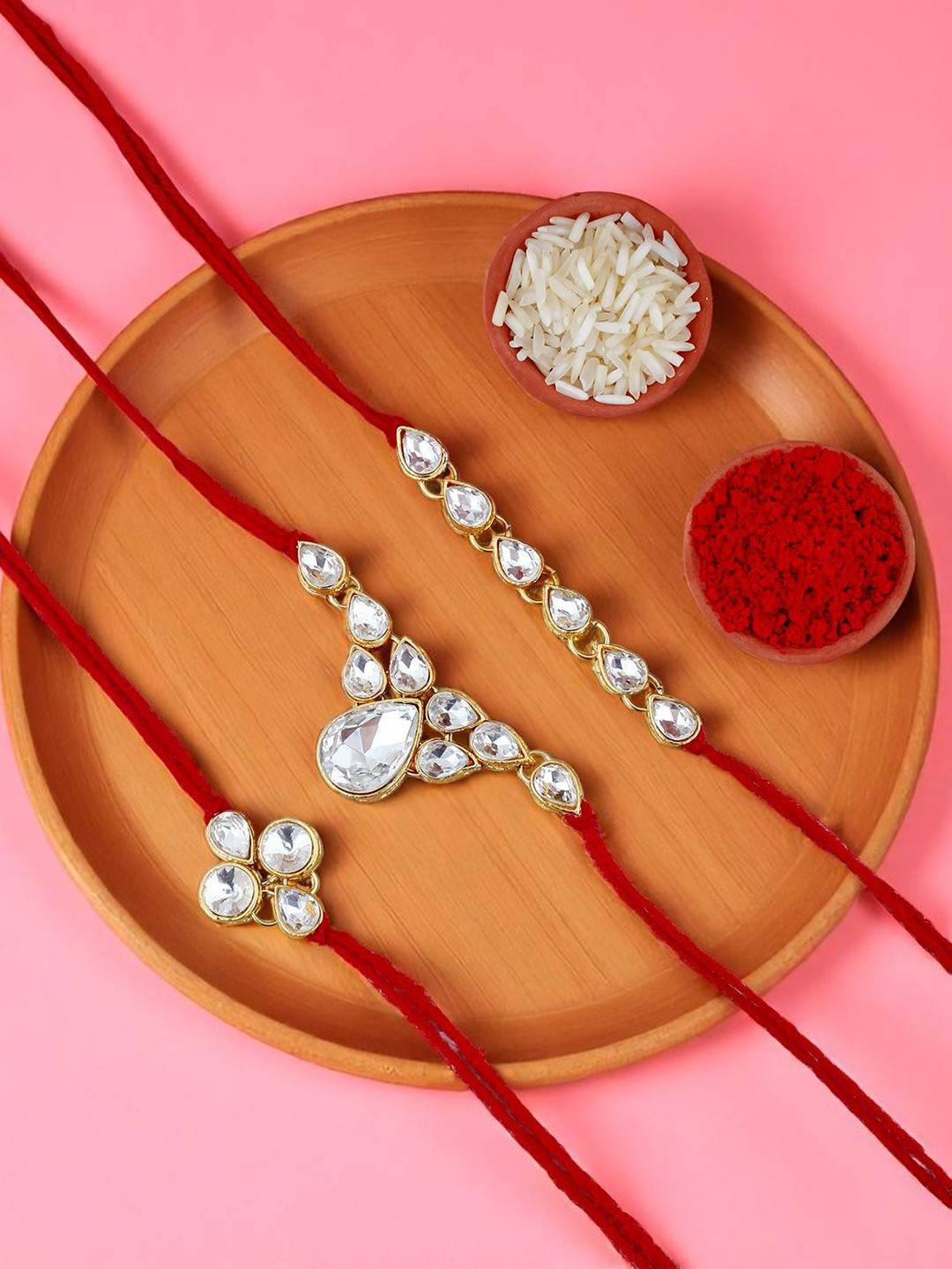 LUCKY JEWELLERY Set Of 3 Gold-Plated Rakhi With Roli Rice & Greeting Card