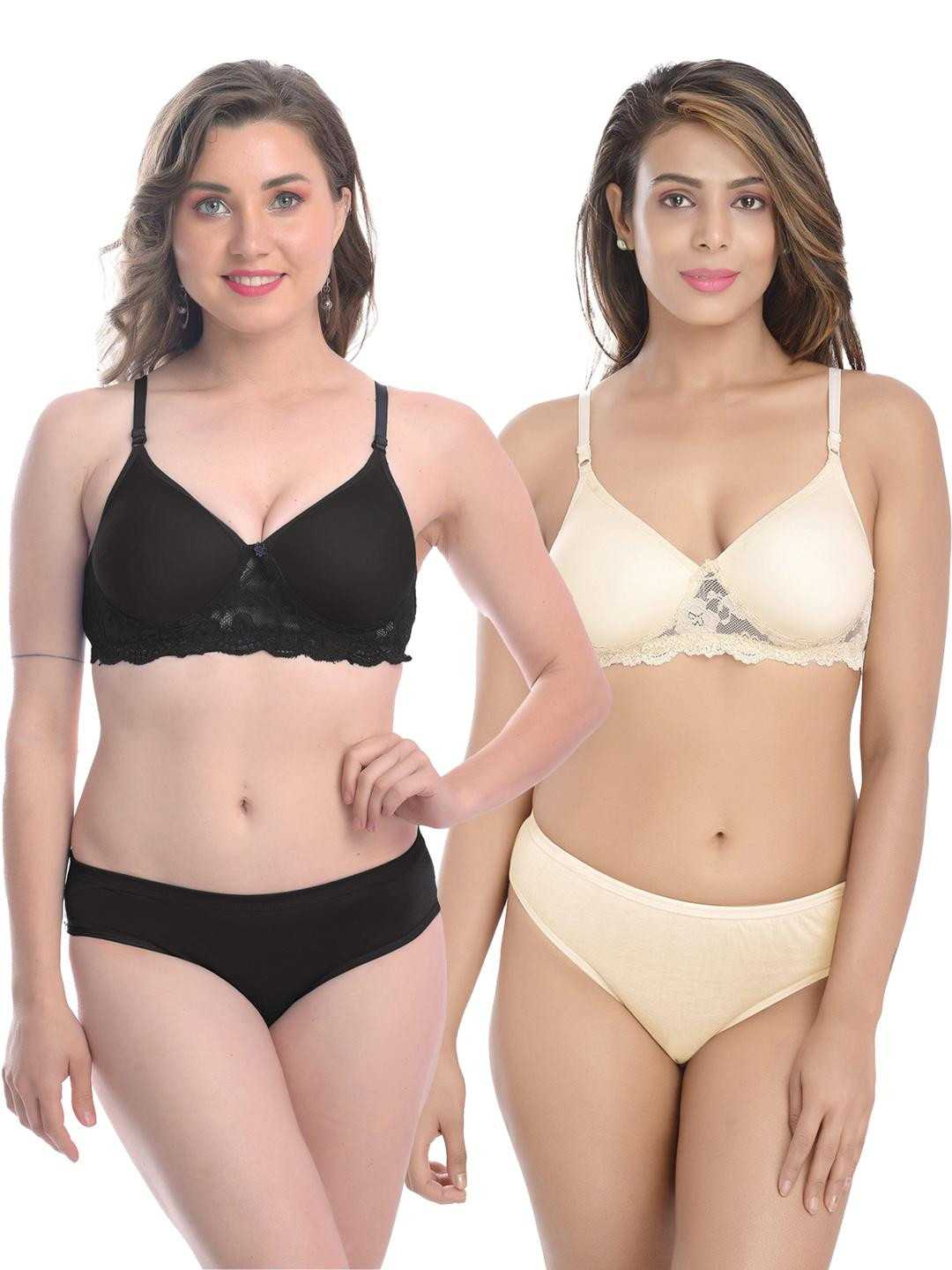 Women Black,Brown Cotton Blend Bra Panty Set for Lingerie Set Undergarments Pack of 2