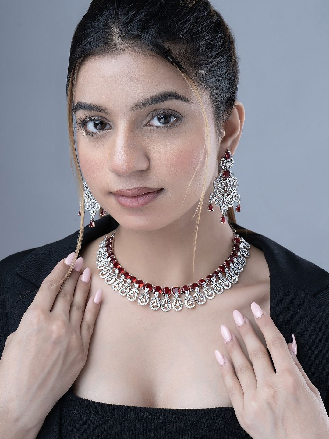 Opal Touch Blooming Elegance Rhodium-Plated Cubic Zirconia Stone Studded Jewellery Set