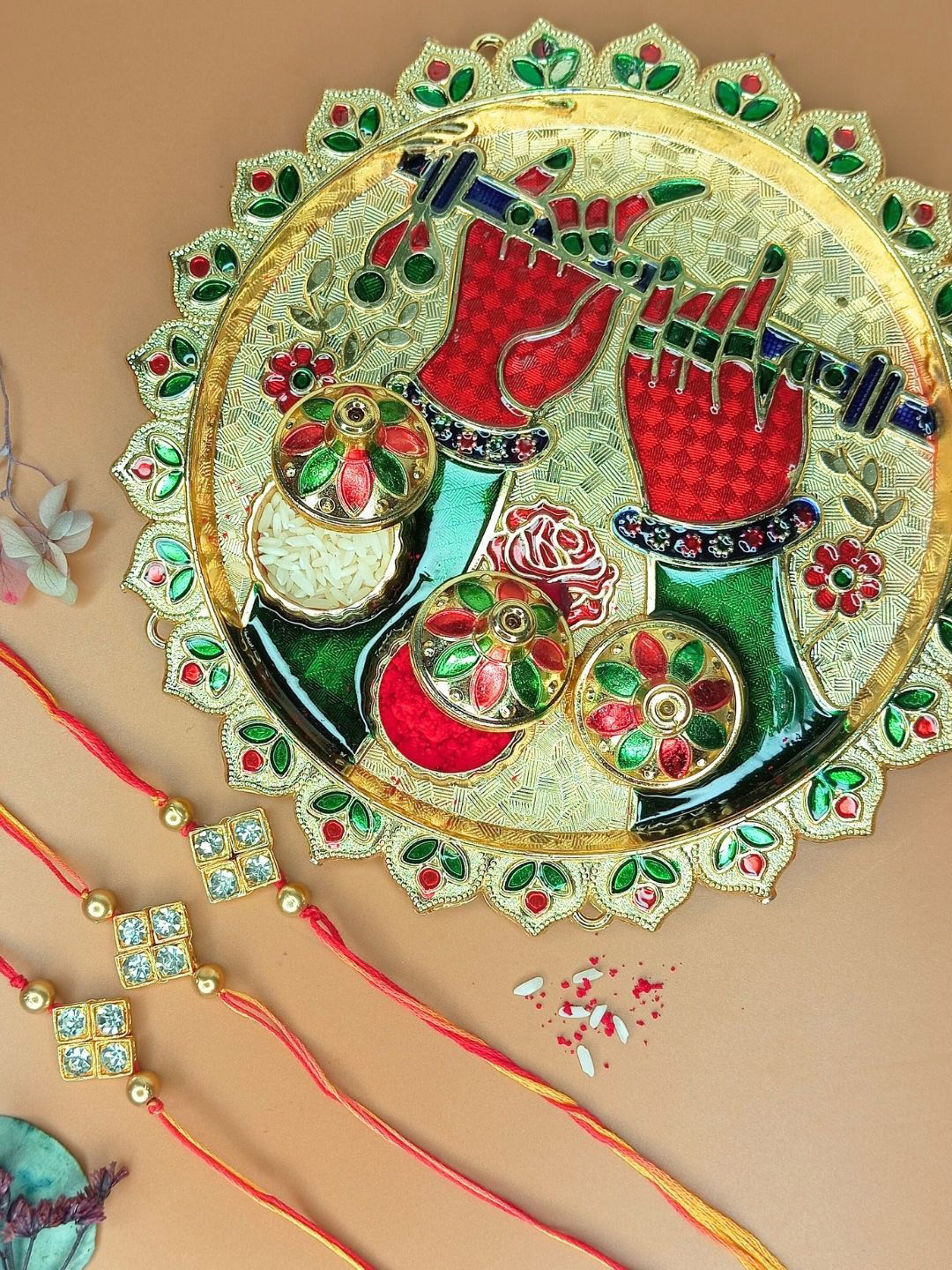 Anouk Set of 7 Dimaond Stones-Studded Rakhis With Thali Greeting Card & Roli Chawal