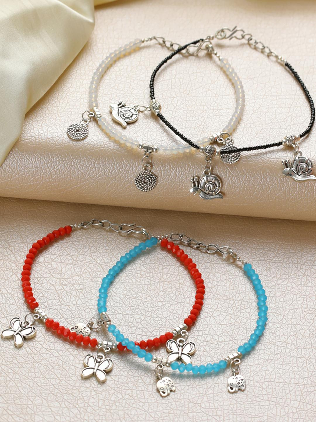 Set of 4 Silver Elephant,Flowerbutterfly,Circle & Cocoon Charms Beaded Handcrafted Anklets