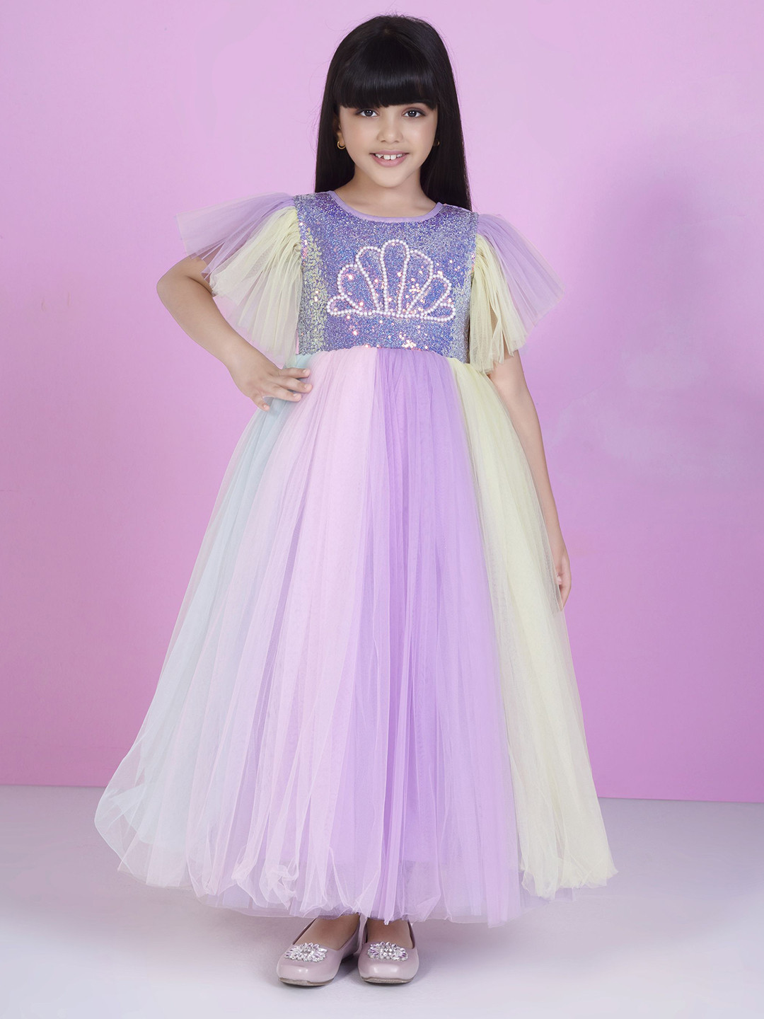 Ministitch Girls Embellished Sequined Pearl Embriodery Net Gown Dress