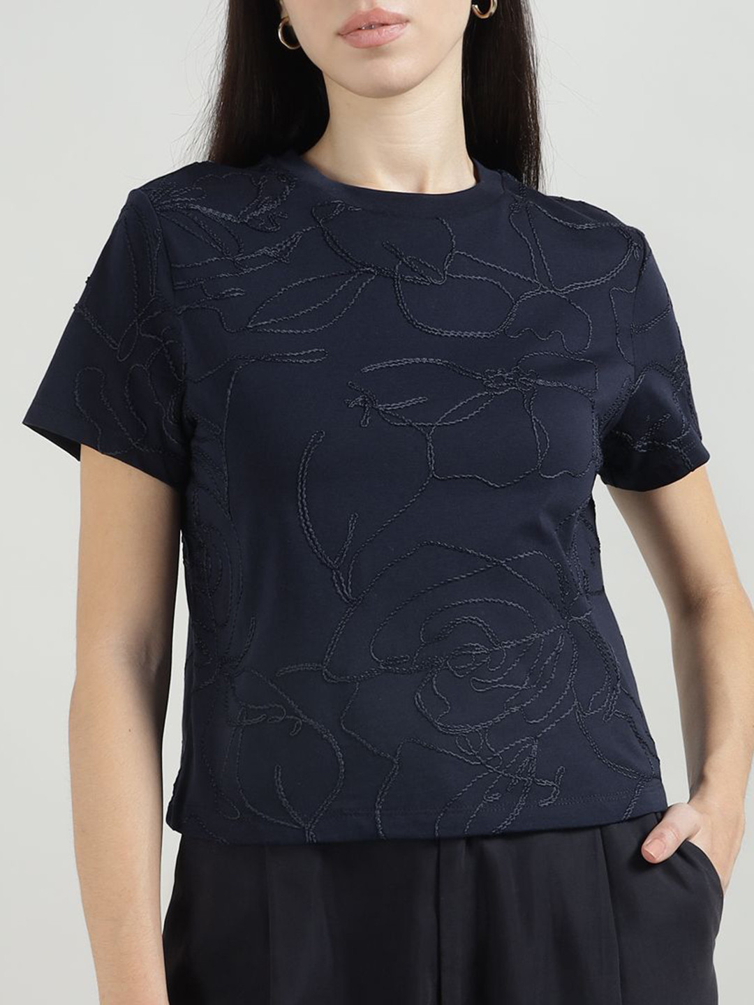 Ted Baker Women Floral Self Design Slim Fit Cotton T-shirt