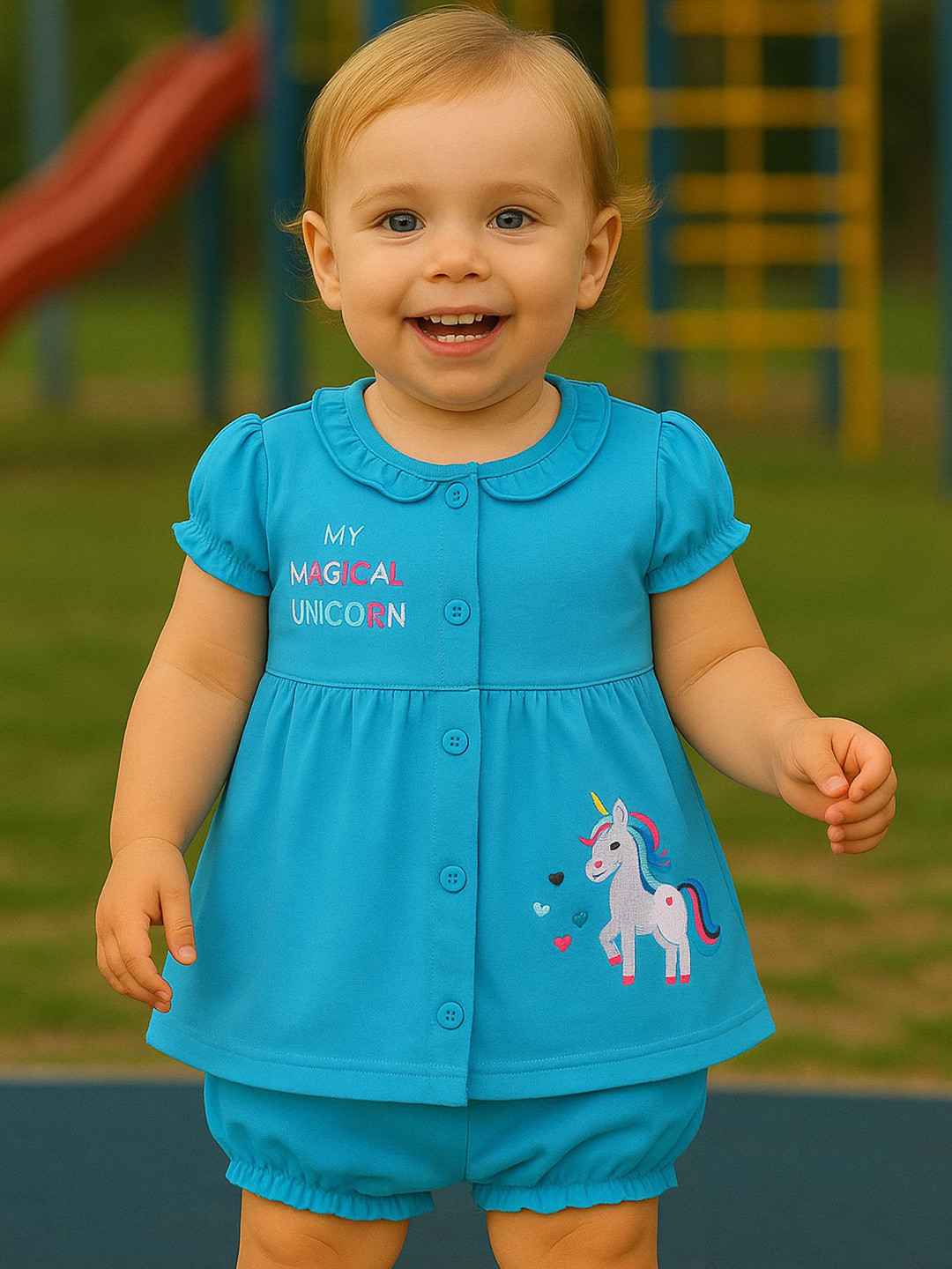 Zeal Girls Embroidered Peter Pan Collar Pure Cotton Fit & Flare Dress With Bloomers