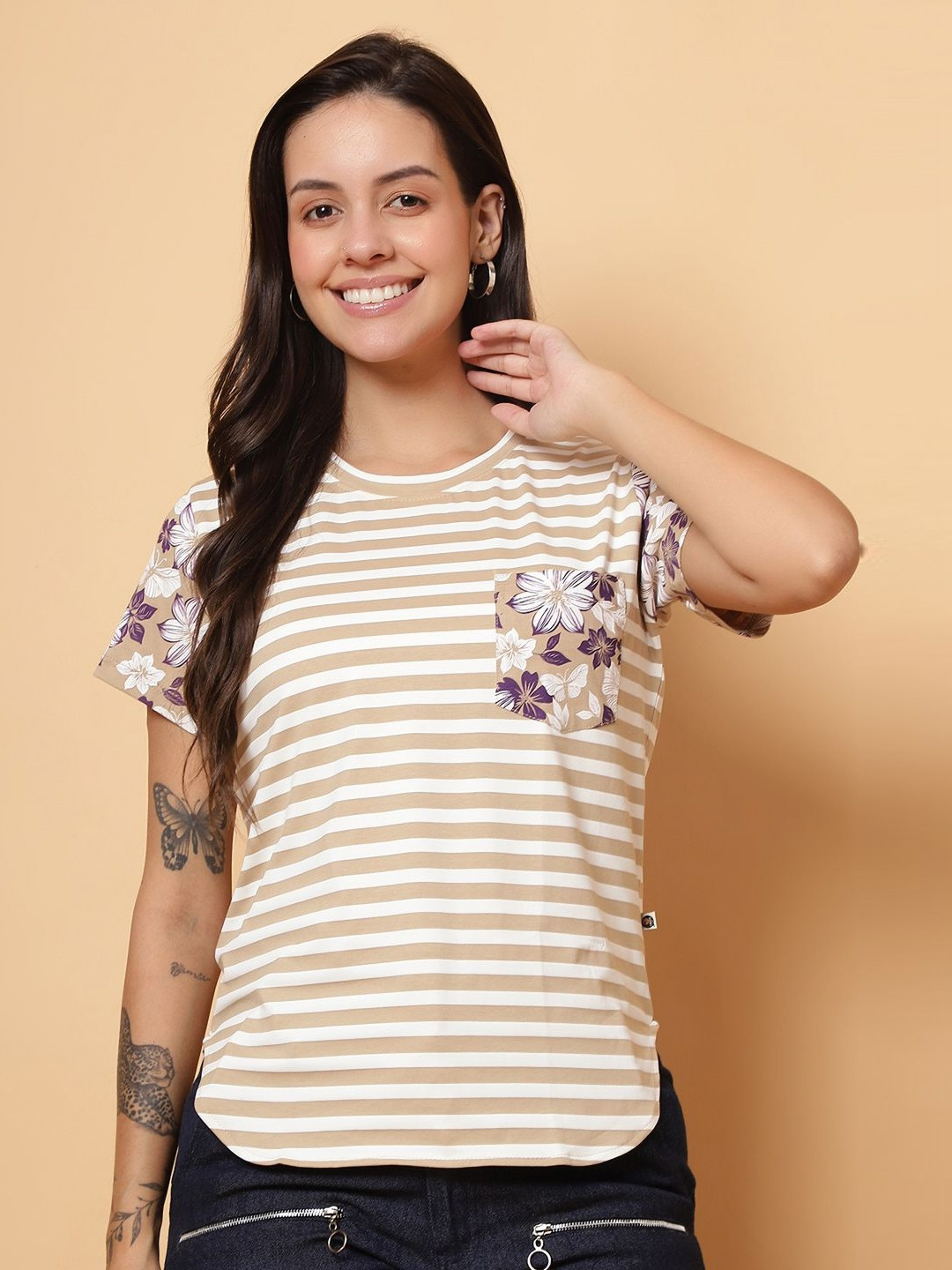 God's Club Women Cotton Pocket Detailing Regular Fit Stripped T-Shirt