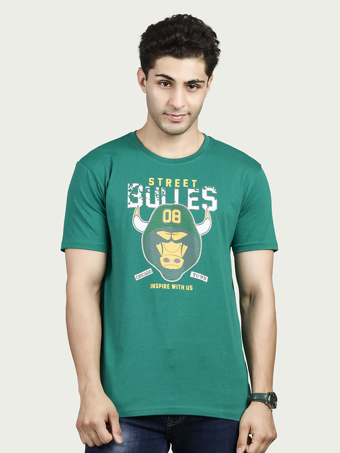 BE POSITIVE Men Graphic Printed Regular Fit Round Neck Stretch Jersey T-Shirt