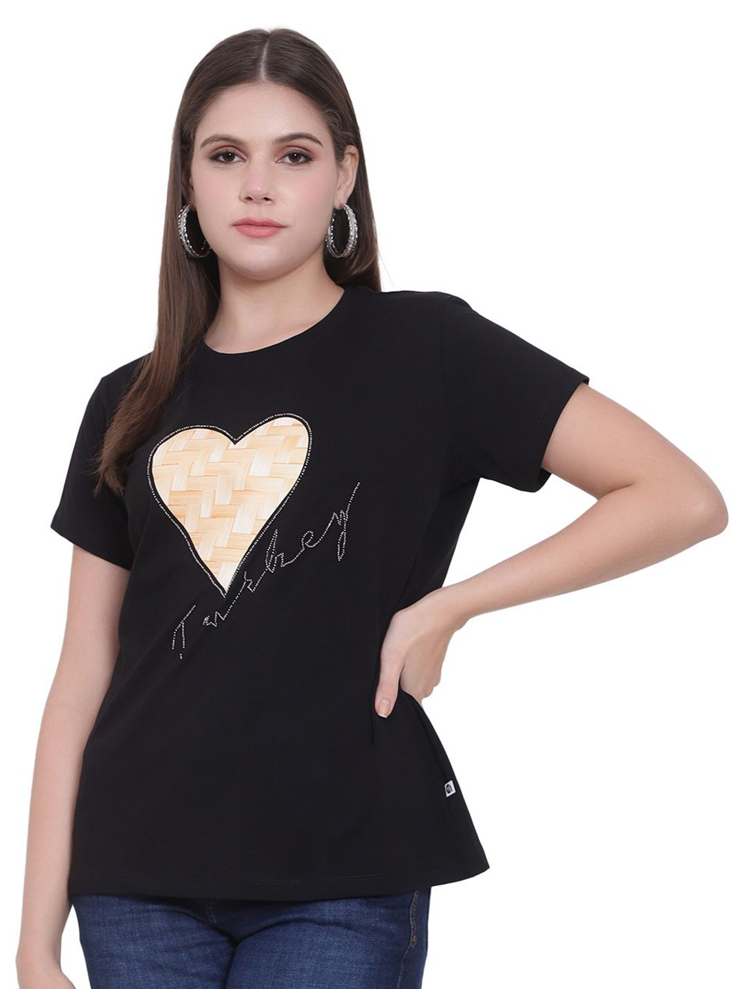God's Club Women  Regular Fit Heart Printed Cotton T-Shirt