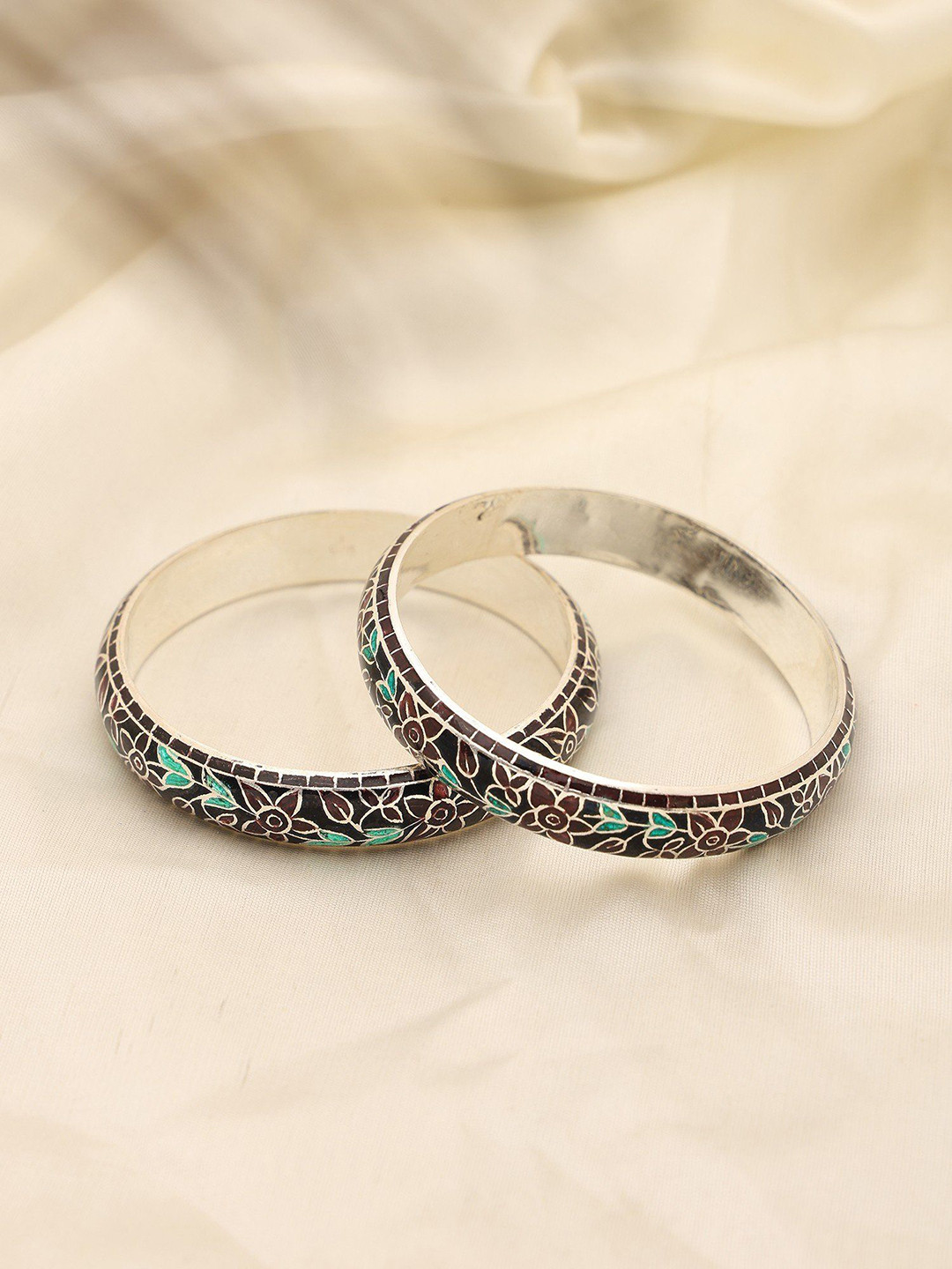 Exotic India Set Of 2 Sterling Silver Floral Vine Swirl Enamelled Bangles