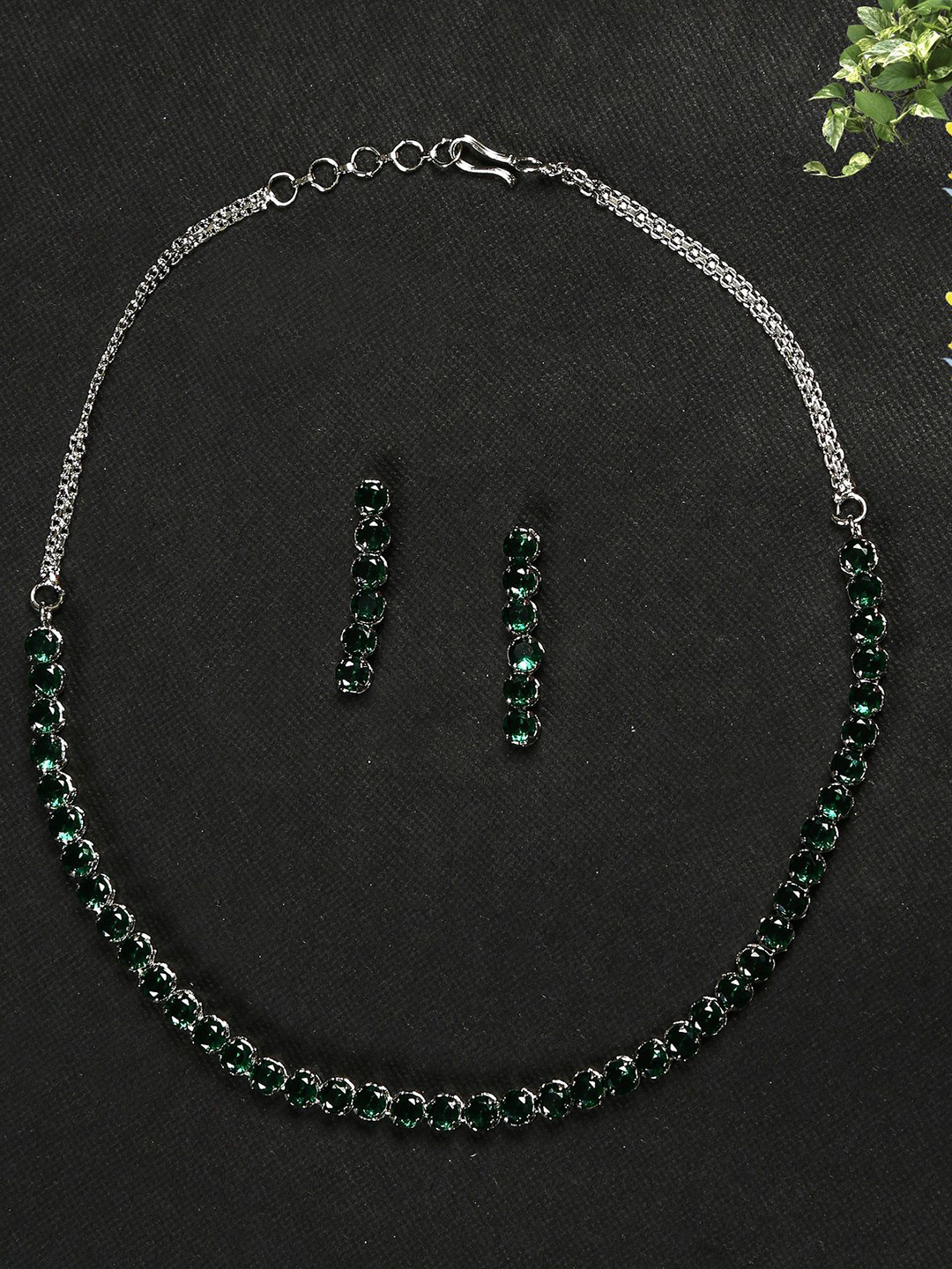 Gemron Jewel Rhodium Plated American Diamond Studded Necklace & Earrings Jewellery Set