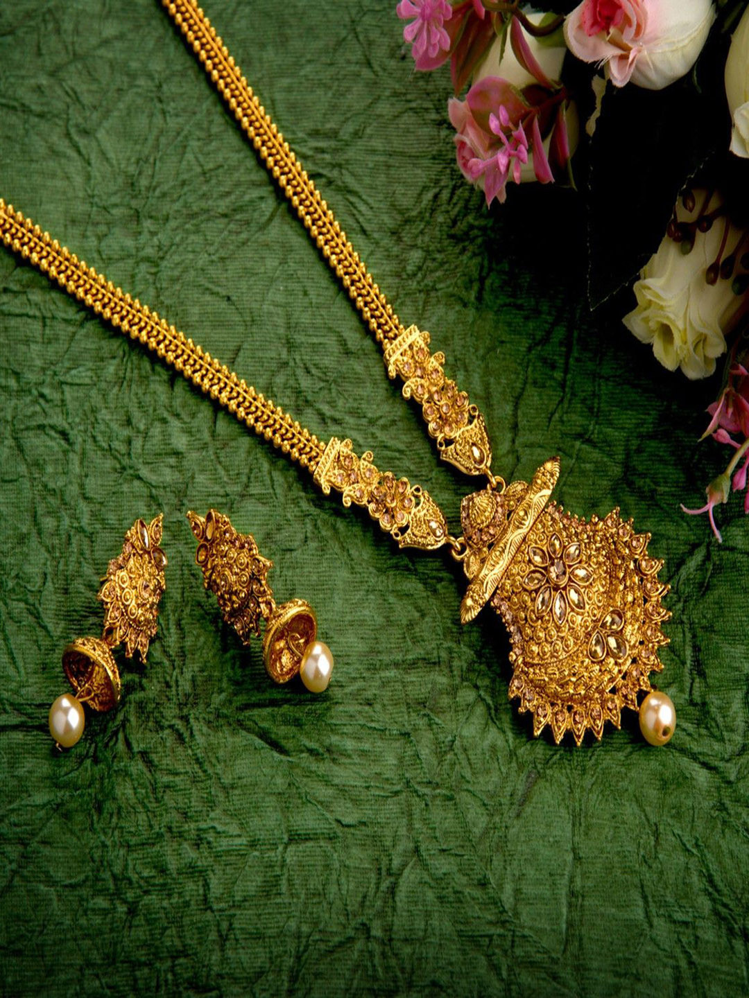 Atasi International Gold-Plated Studded & Beaded Paisley Design Long Haram Jewellery Set