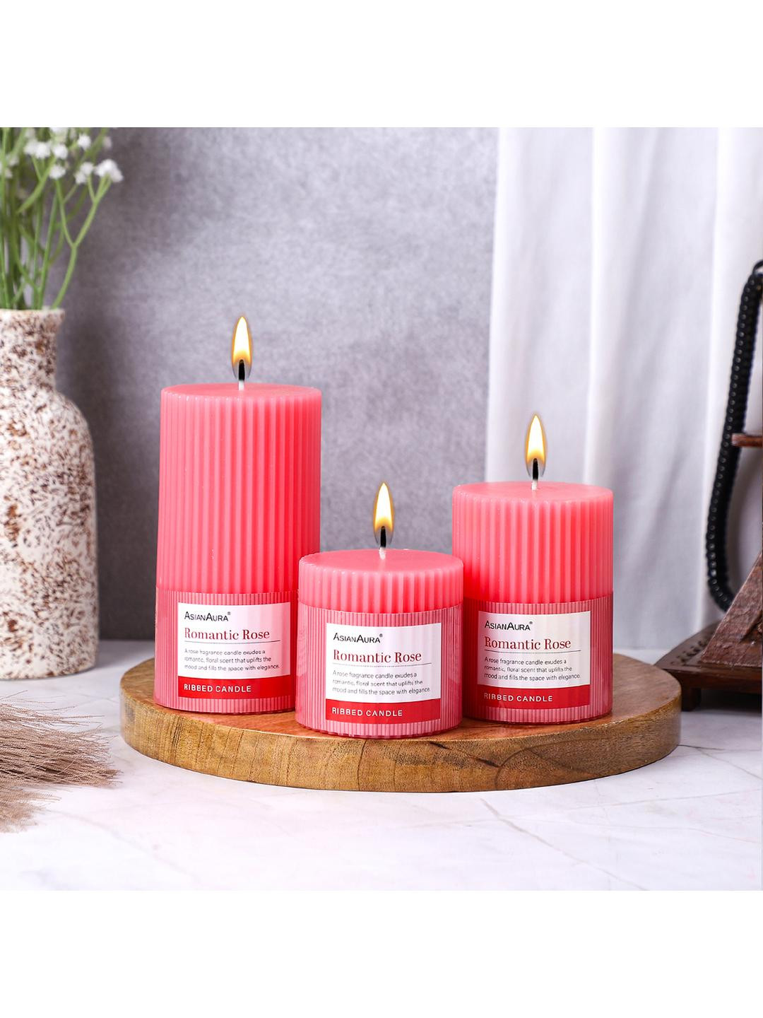 Asian Aura Ribbed Candle Home dcor 3Pcs Romantic Rose Solid Pillar Candles