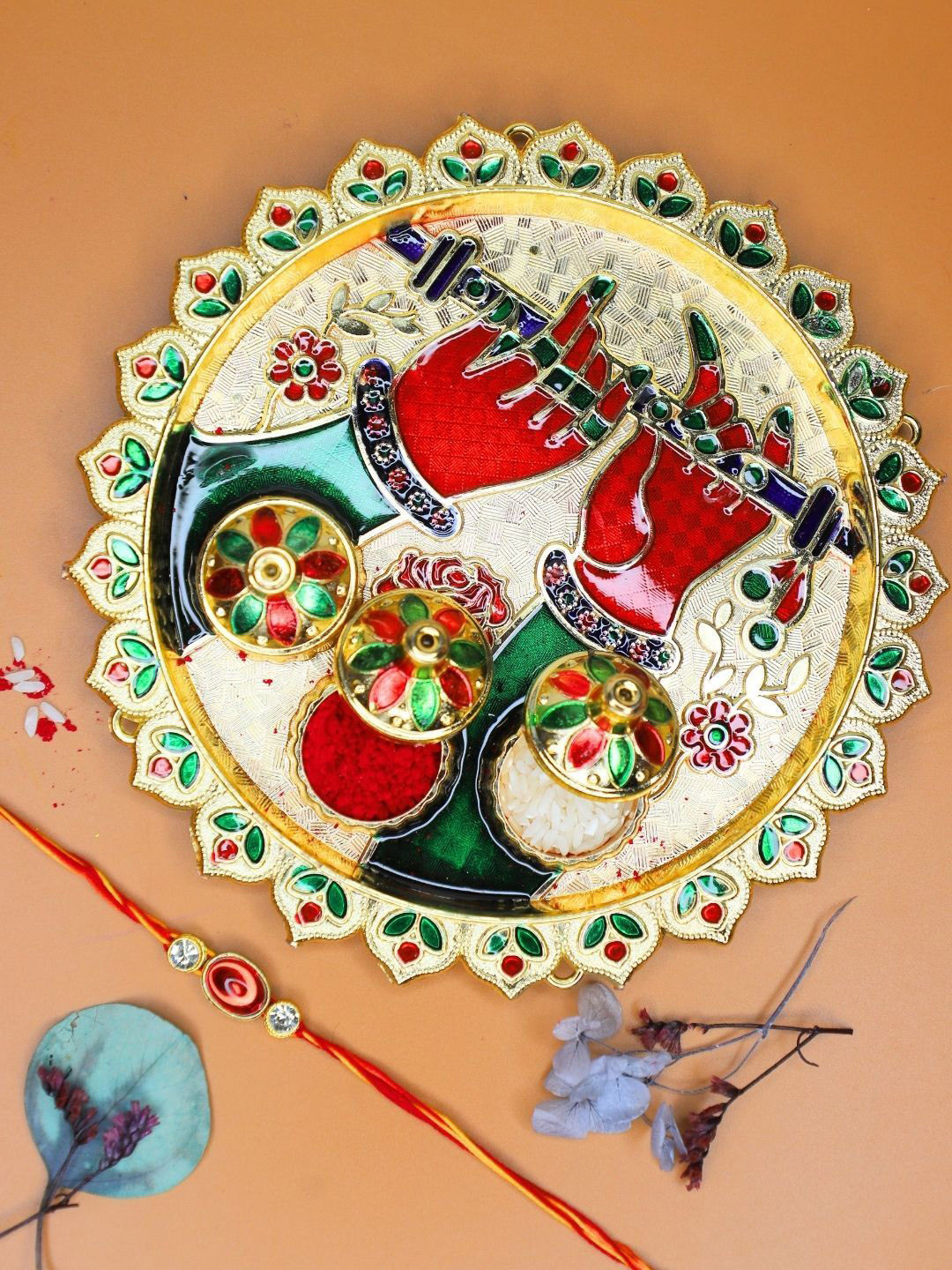 Anouk Stones-Studded Rakhi With Thali Greeting Card & Roli Chawal