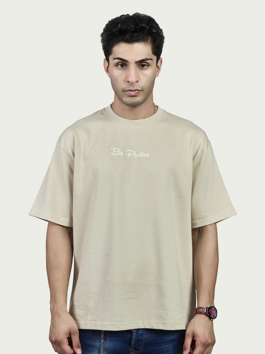 BE POSITIVE Men Printed Drop Shoulder Half Sleeve Round Neck Jacquard Cotton T-Shirt