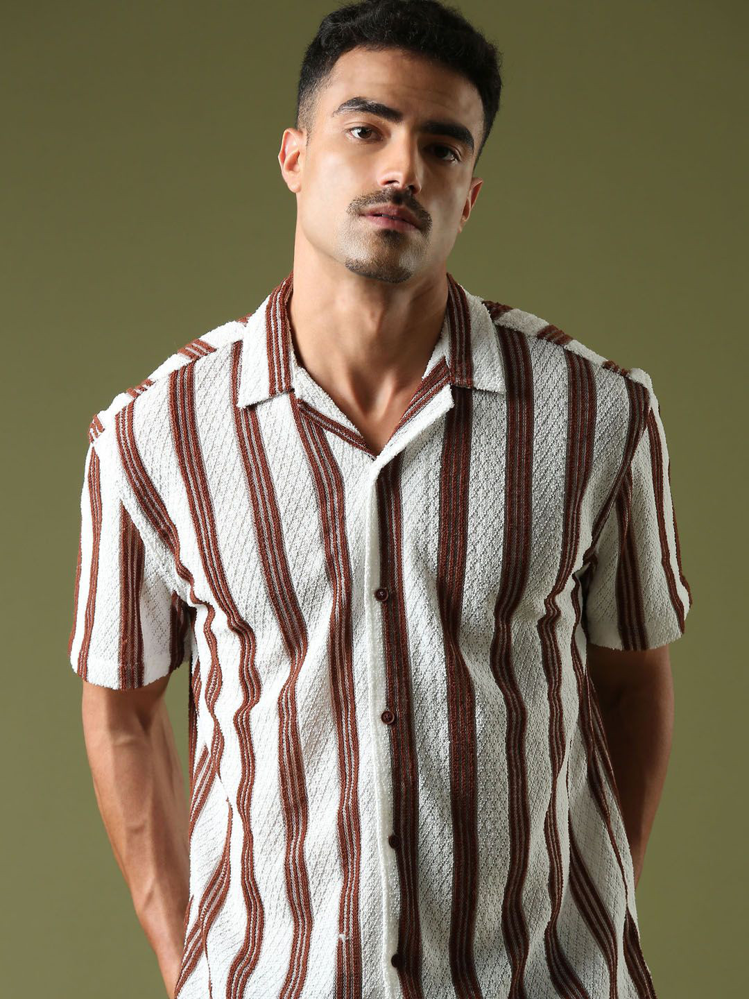 THE BEETEL HOUSE Men Textured Striped Crochet Relaxed Casual Shirt