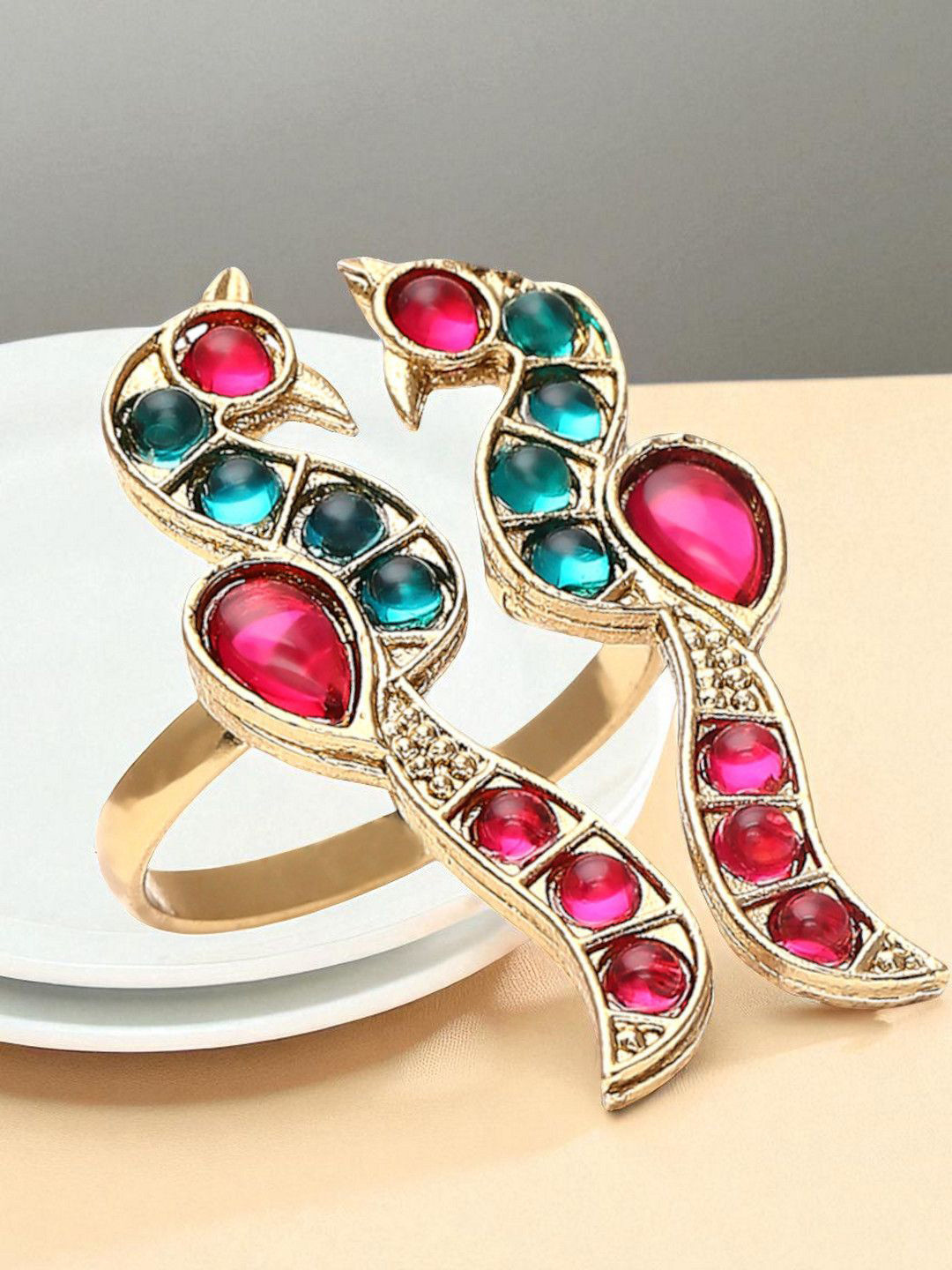 fabula Kundan Stone Studded Manik Theme Peacock Bird Design Jadau Finger Ring