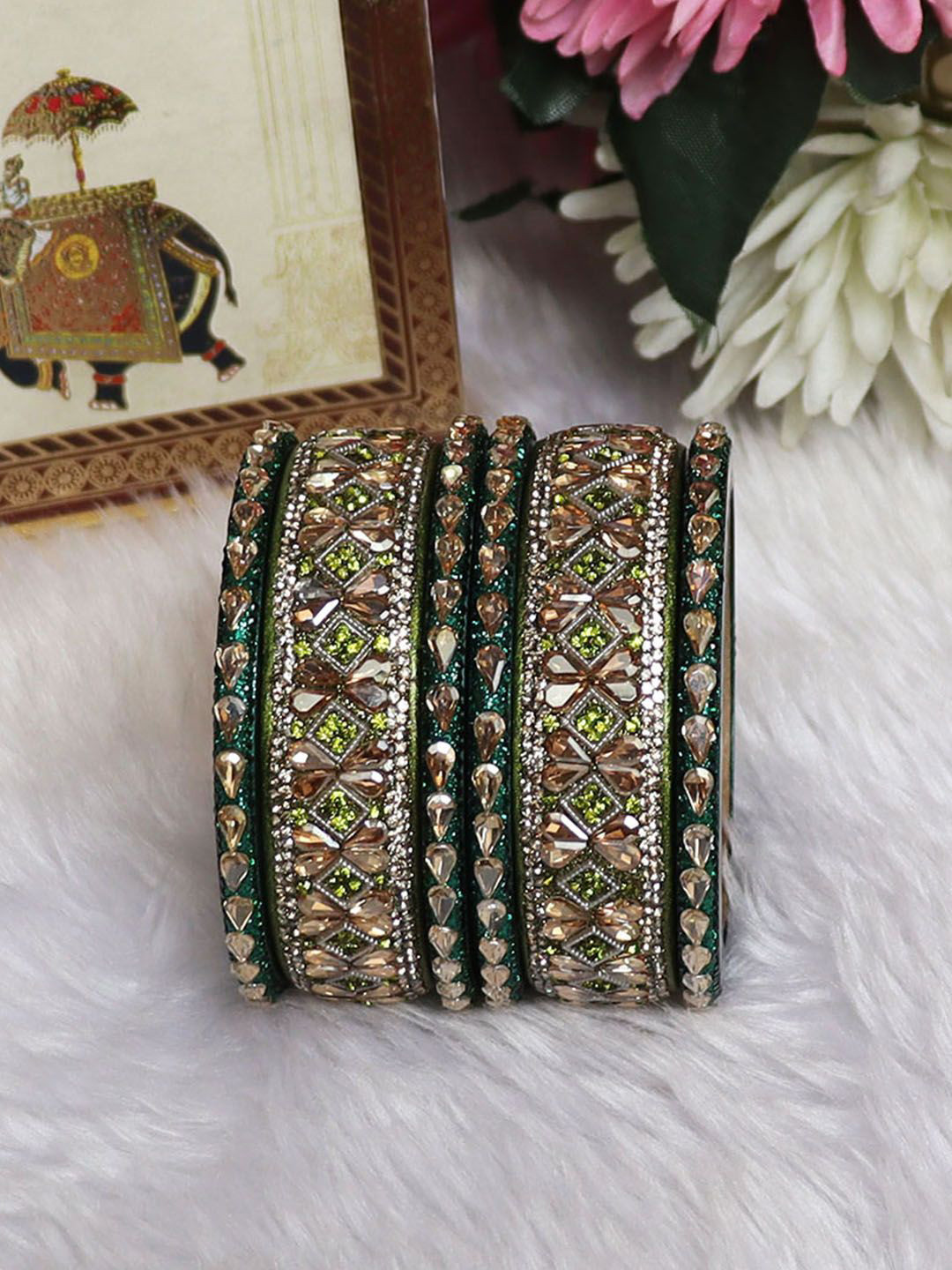 TAJ BRIDAL STORE Set Of 6 Kundan-Rhinestones Studded Bangles