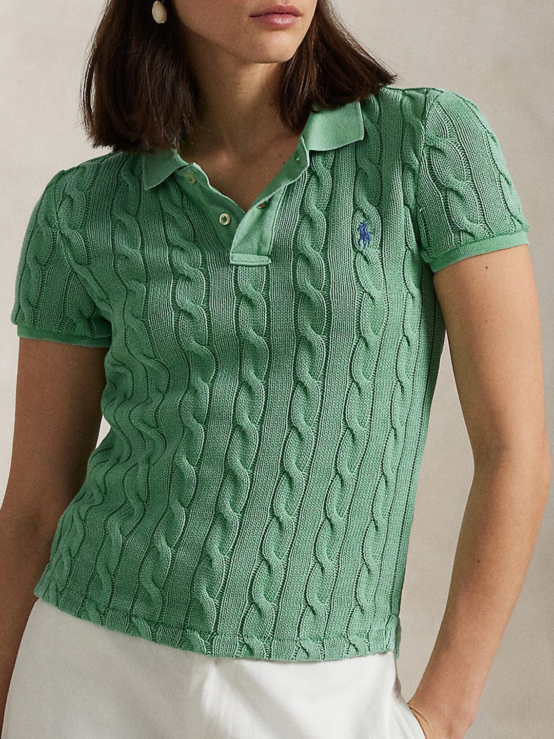 Polo Ralph Lauren Women Self Design Polo Collar Pure Cotton T-shirt