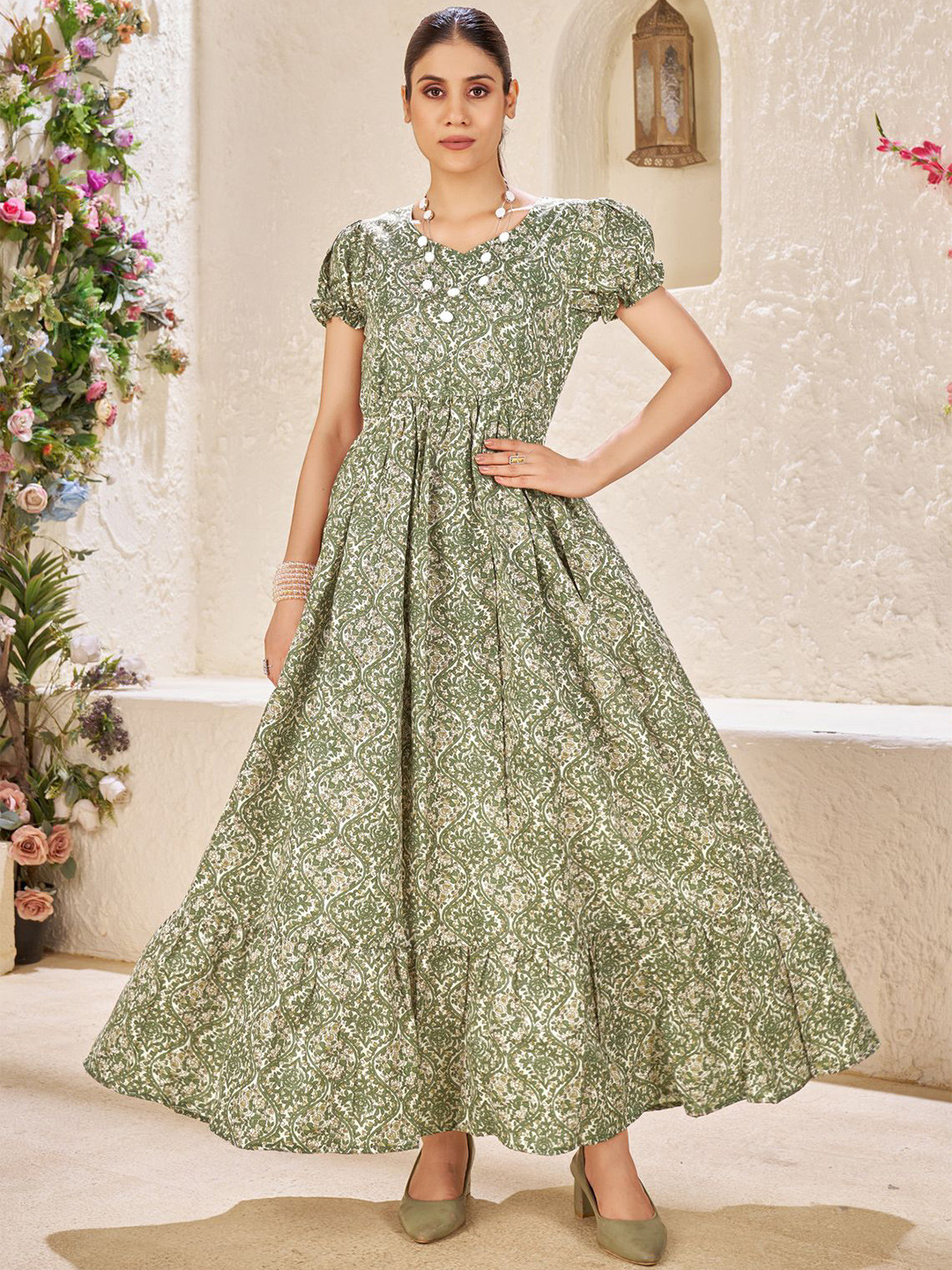 CHANSI Ethnic Motifs Print Sweetheart Neck Puff Sleeve Cotton Fit & Flare Maxi Dress