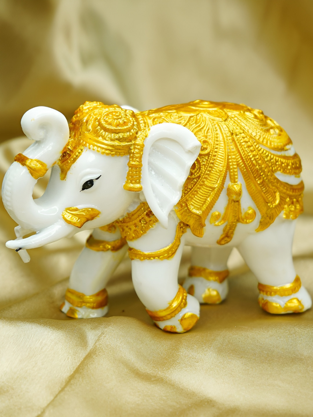 SANKALAN CREATIONS White And Gold tone Marble Elephant Figurine Showpiece
