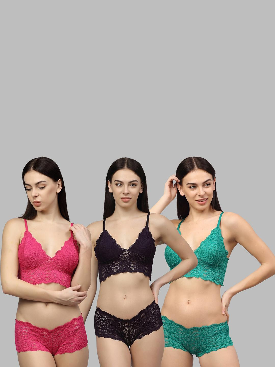 Women Pink,Blue,Green Net Bra Panty Set for Lingerie Set Undergarments Pack of 3
