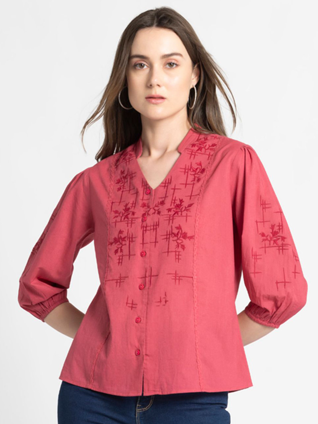 SHAYE Women Band Collar Dark Coral Embroidered Three-Quarter Sleeves Casual Tops