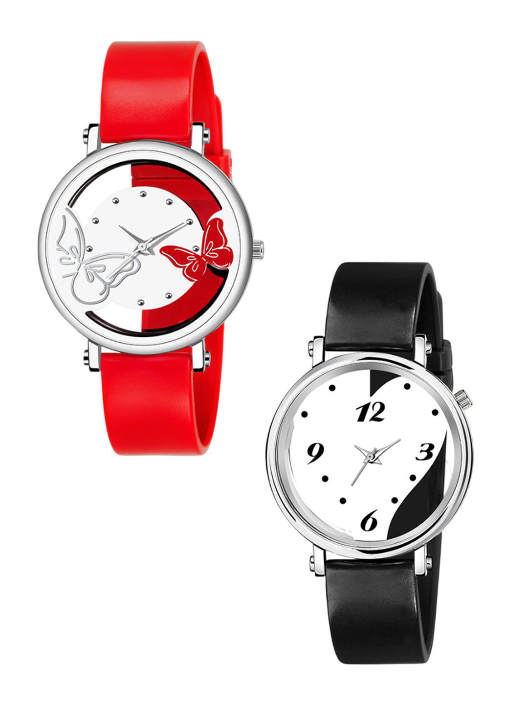 Gopal Shopcart Set Of 2 Unisex Patterned Dial Analogue Watch 601 Black 602 Red
