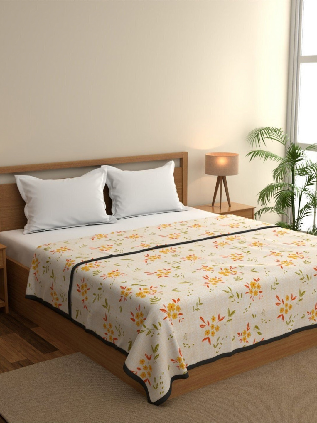 home expressions Ambrosia Beige & Yellow Floral Cotton AC Room 120 GSM Double Bed Dohar