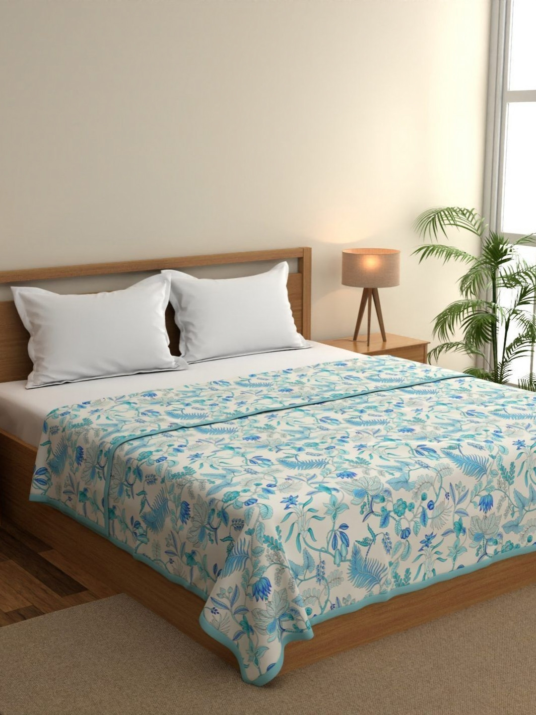 home expressions Meadow Cream & Blue Floral Cotton AC Room 150 GSM Double Bed Dohar