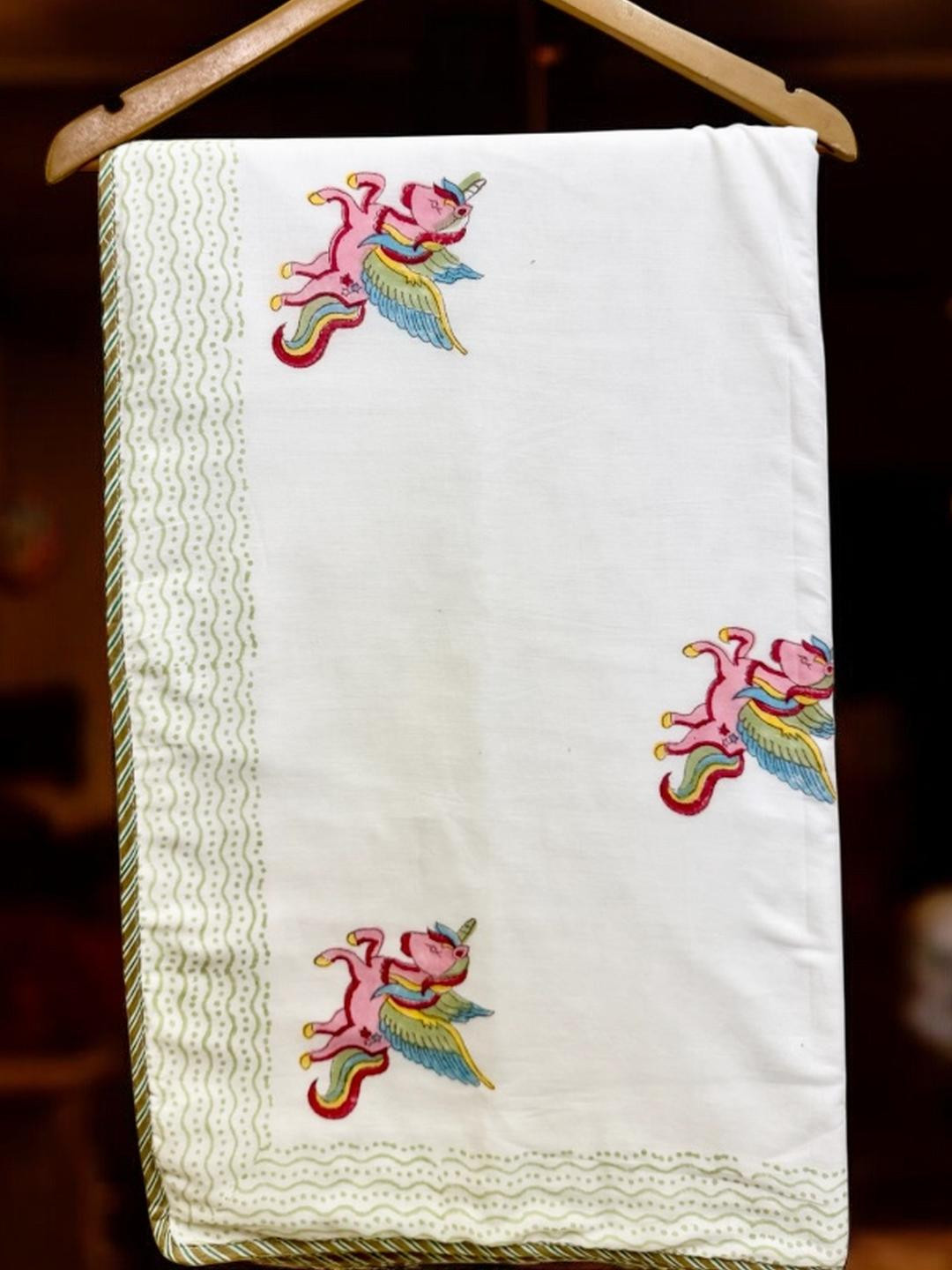 Malmal Cotton Baby Dohar Blanket, 6090 Inches, White with Pink Unicorn Print and Sage Border
