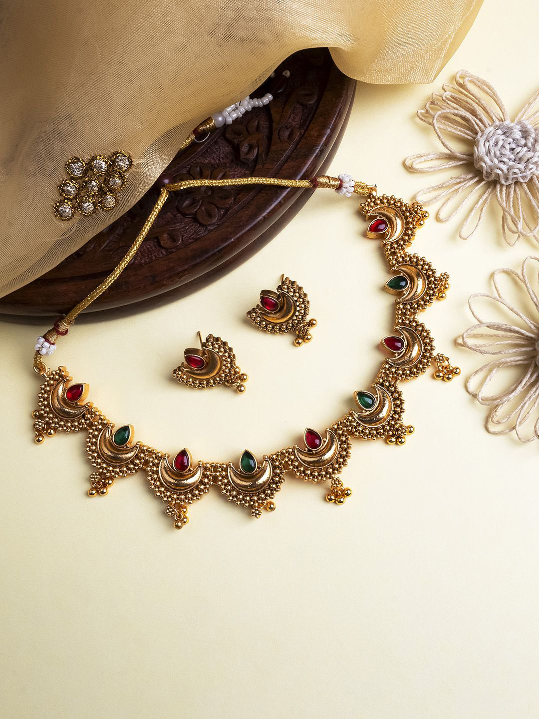 StileAdda Gold Plated Red & Green Stone Studded Half Moon Necklace with Earrings