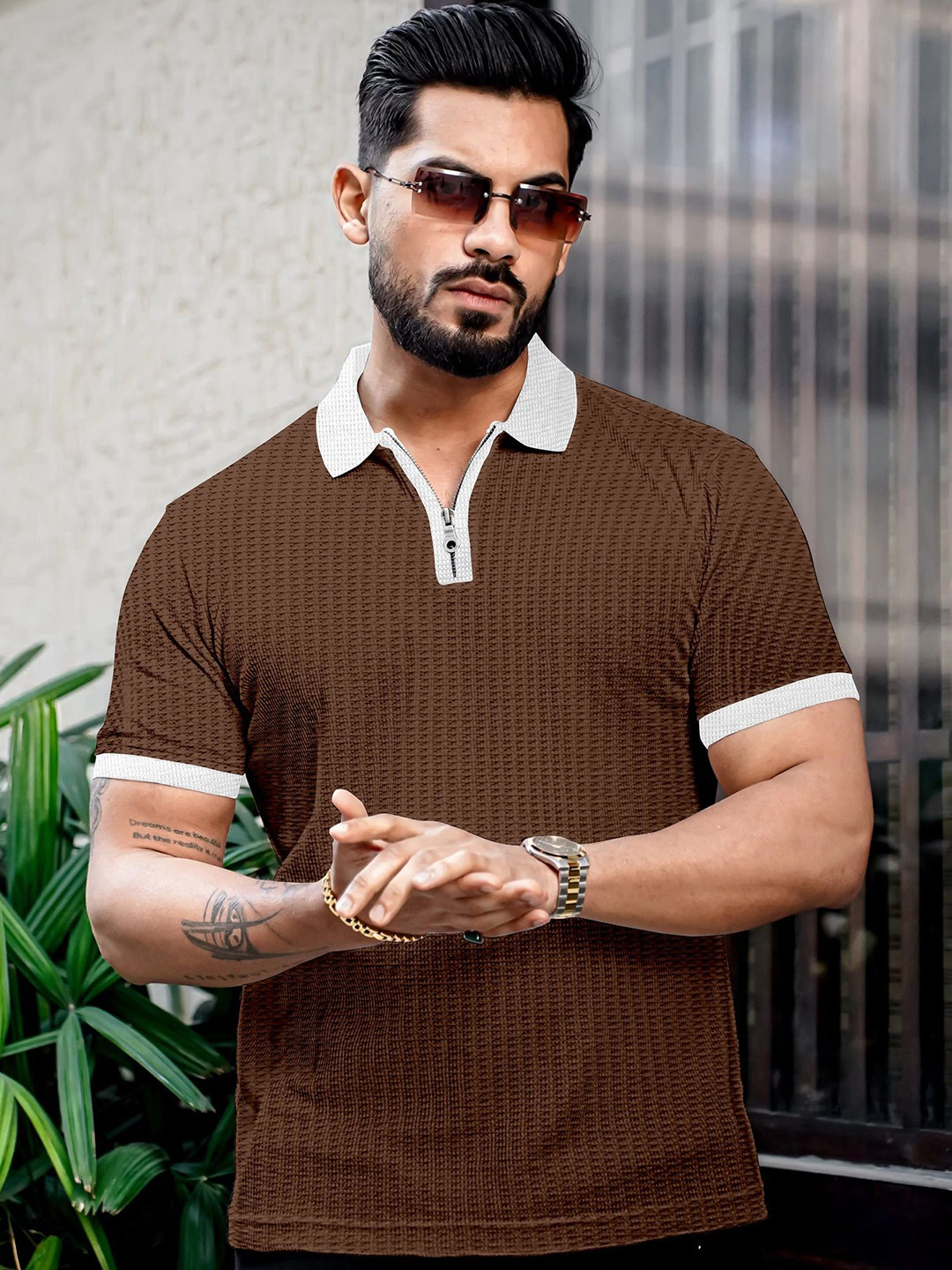 KAJARU Men Self Design Polo Collar Waffle Knit Polo T-Shirt