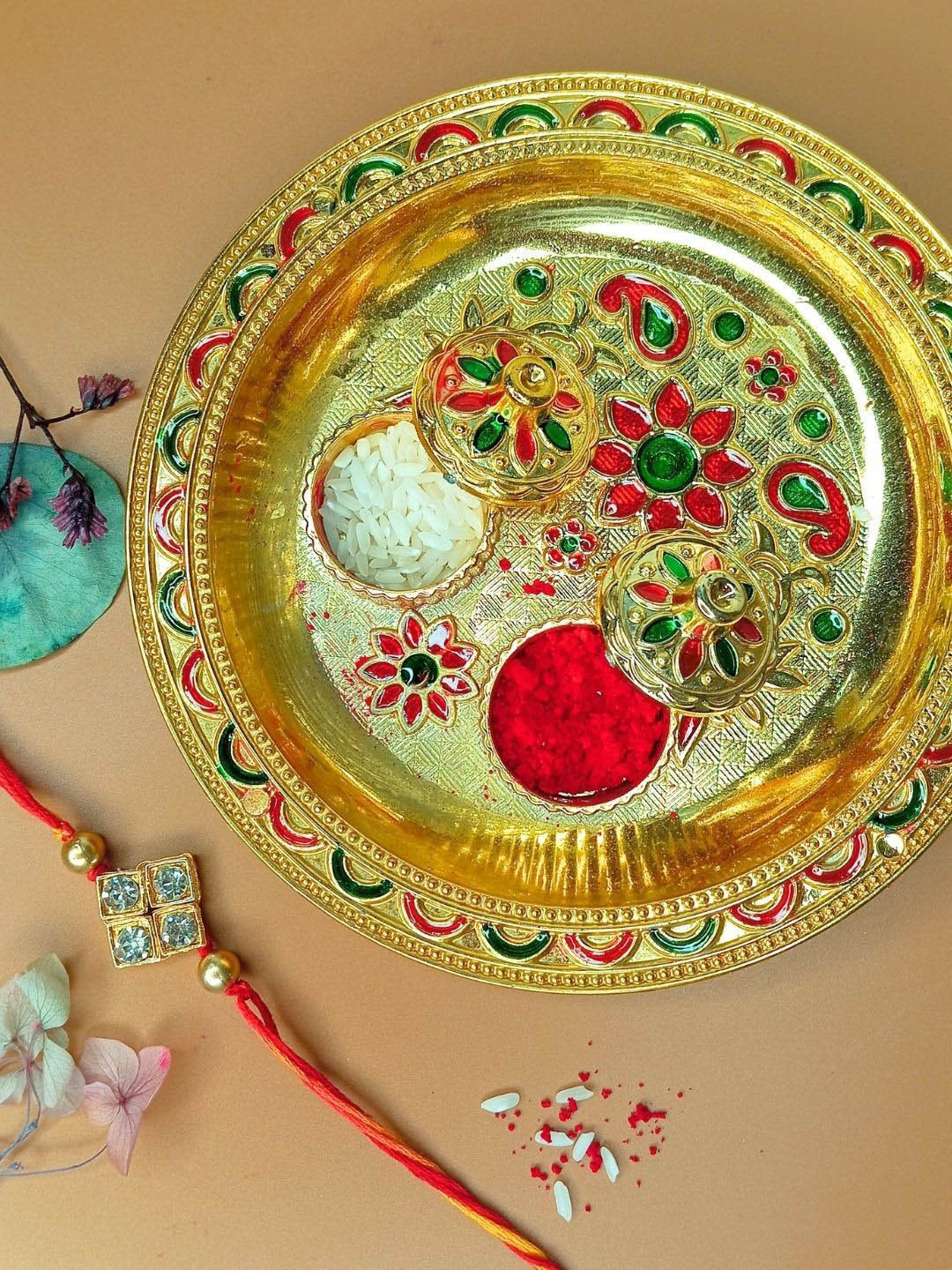 Anouk Americon Diamond Studded And Beaded Thread Rakhis With Card & Pooja Thali