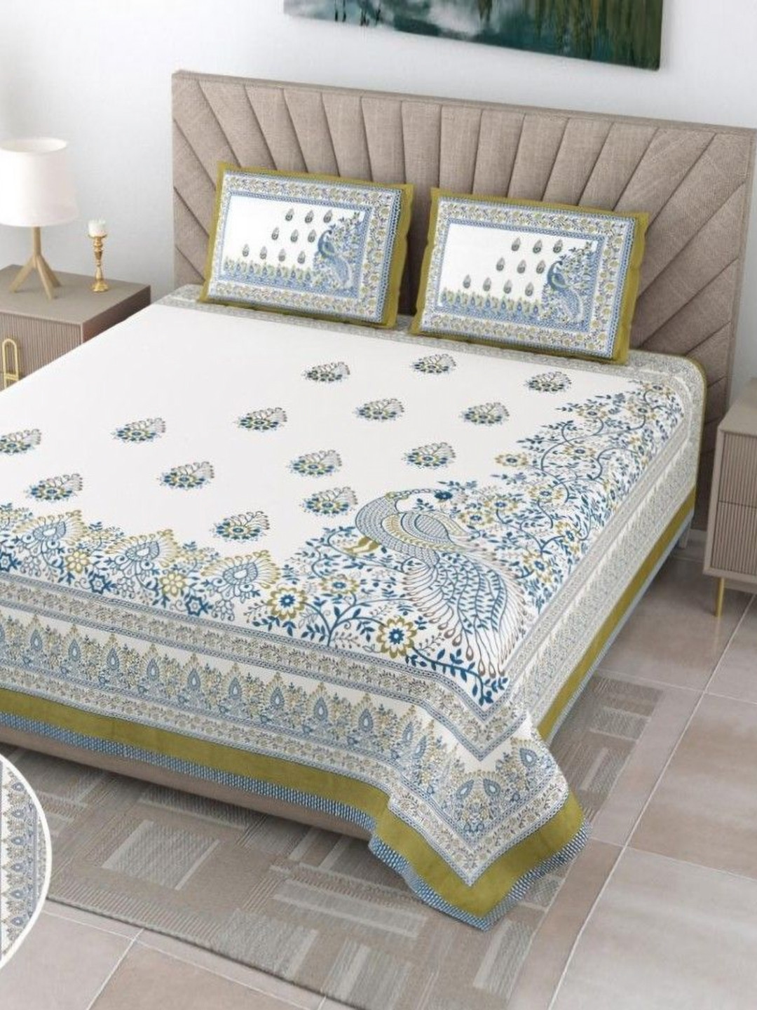 SWITCHON White & Blue Floral Printed Cotton 180 TC Bedsheet Set -2.54 m X 2.7432 m