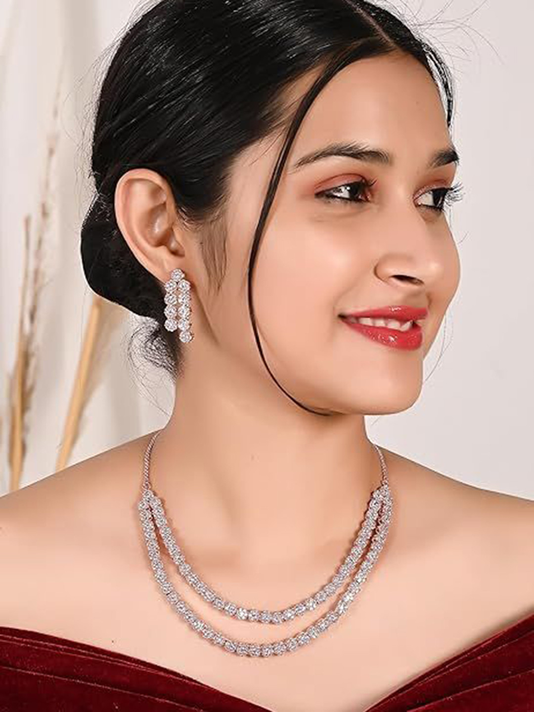 Gemron Jewel Gold-Plated Cubic Zirconia And American Diamond Studded Necklace and Earrings