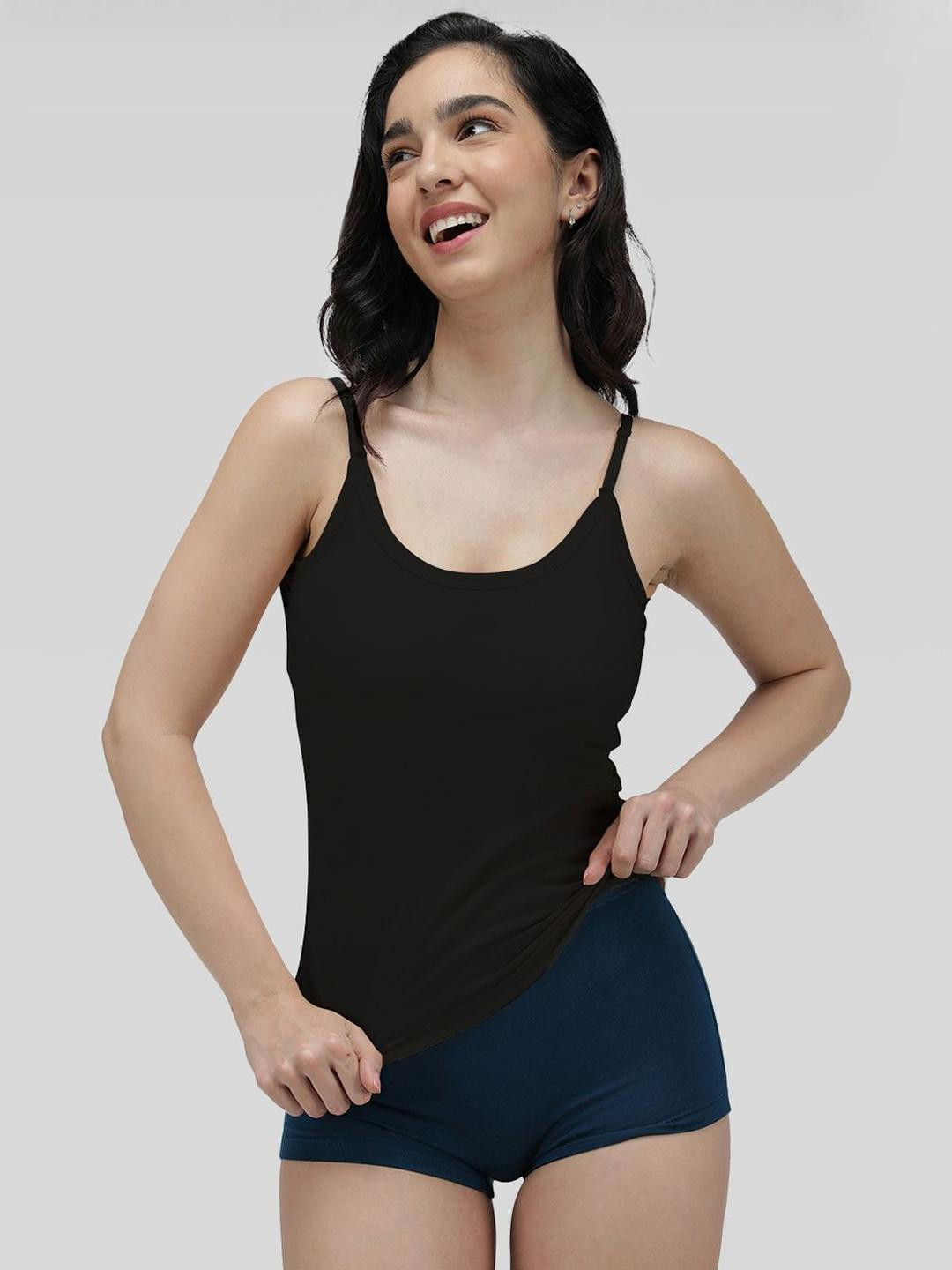 Amul Comfy Women's Cotton Black Plain/Solid Slips with Adjustable Straps - Pack of 4