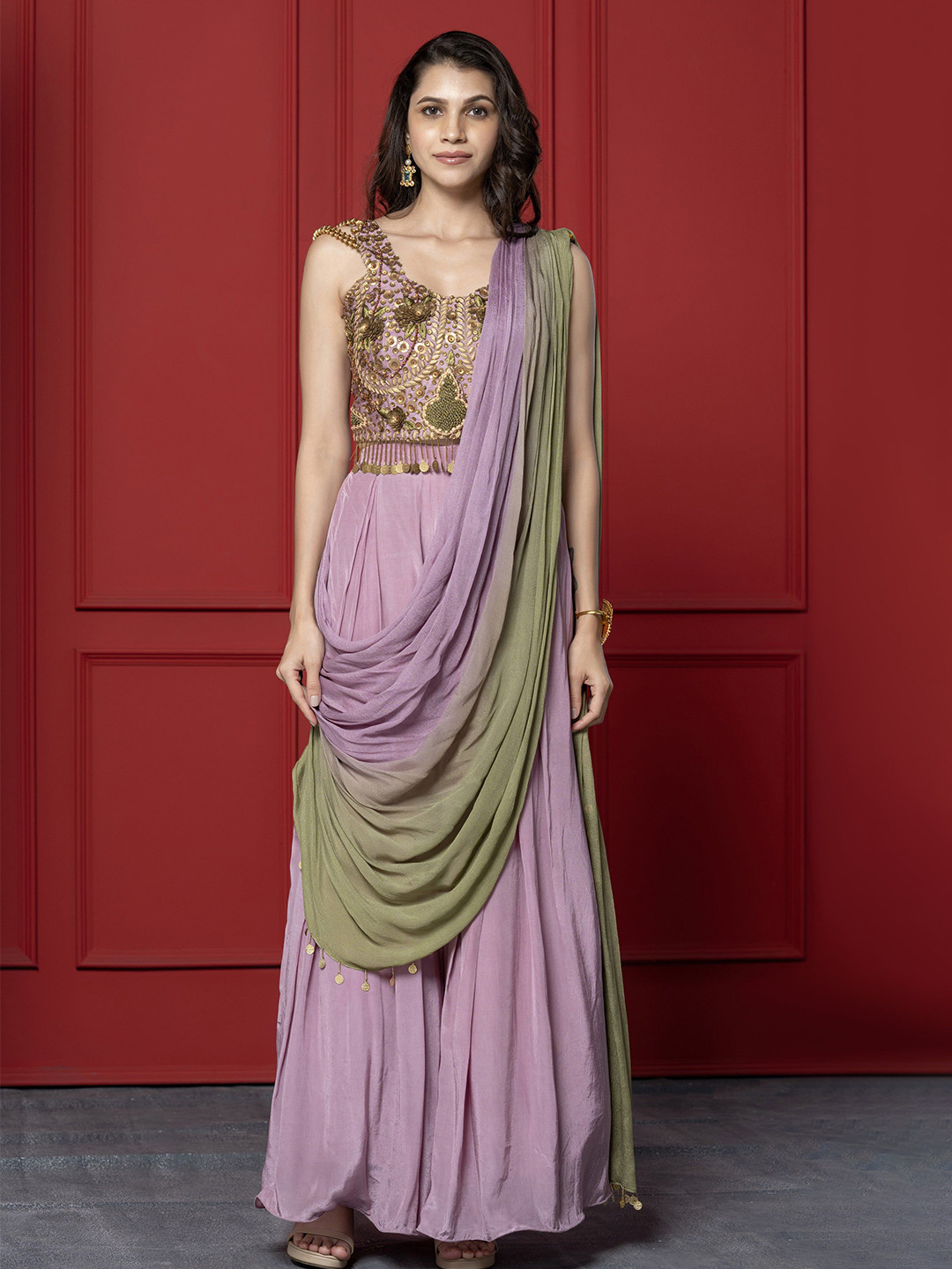 GloballyRonakRBafna Pure Chiffon Palazzo Drape Ready to Wear Saree