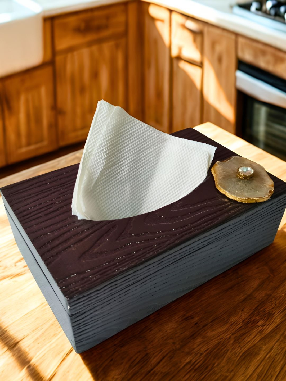 THE HOME CO. Brown Wooden Agate Stone Tissue Holder