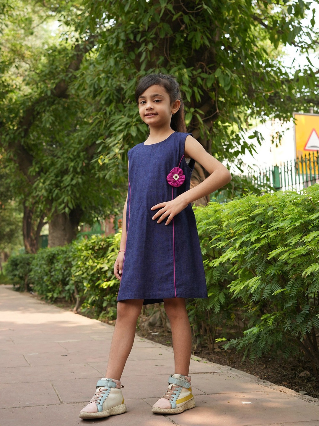 White Dahlia Girls Indigo Floral Applique A-Line Dress