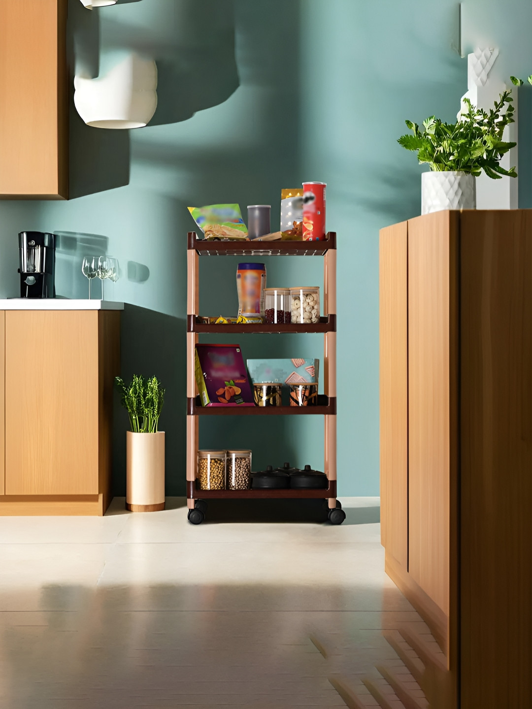 Aura Brown & Beige 4-Layer Multipurpose Storage Rack With Wheels