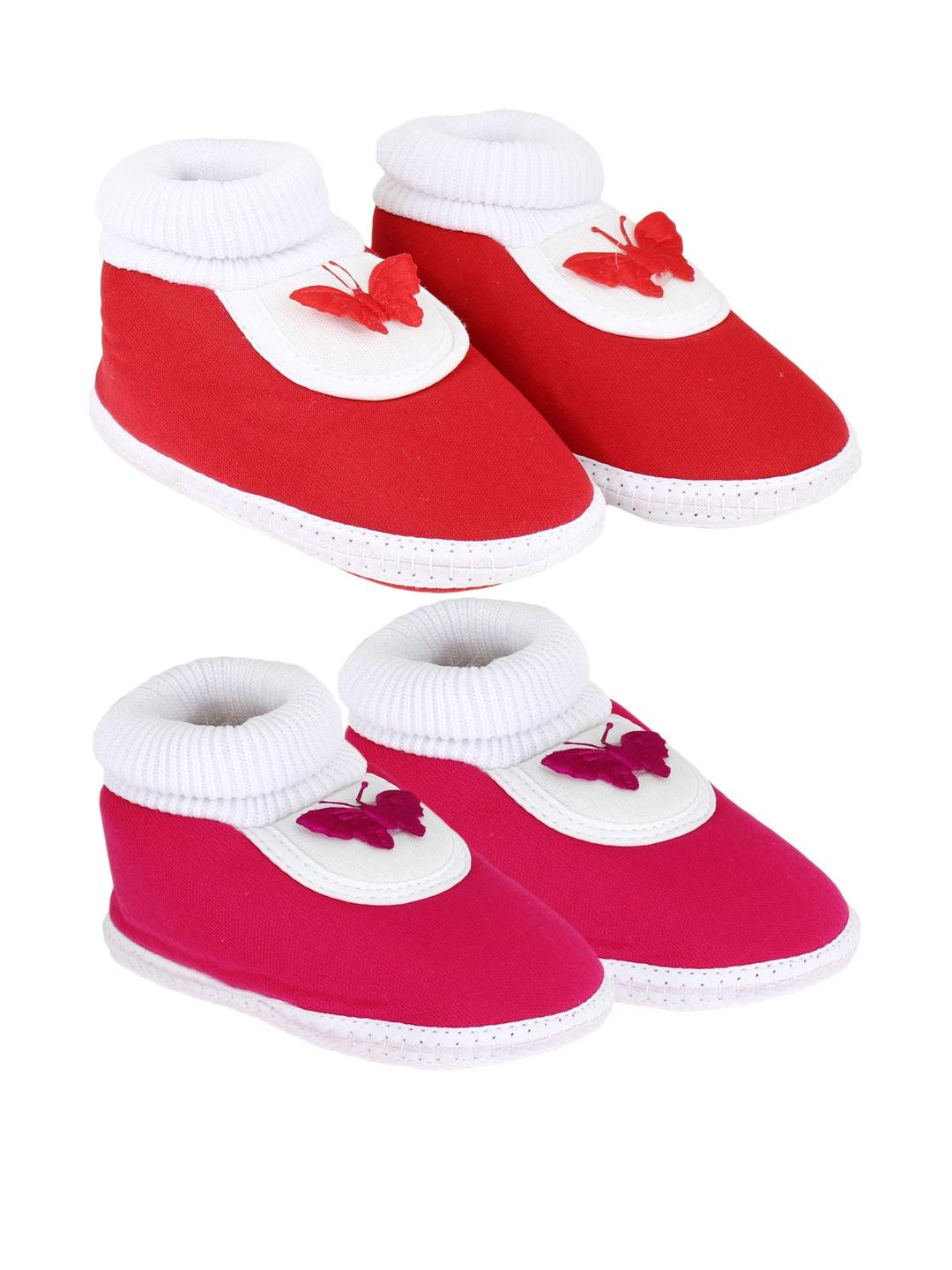 Neska Moda 3 To 12 Months Baby Boys & Baby Girls Set of 2 Pair Combo Cute Cotton Butterfly Booties (Toe to Heel Length - 12 cm, Red, Pink)